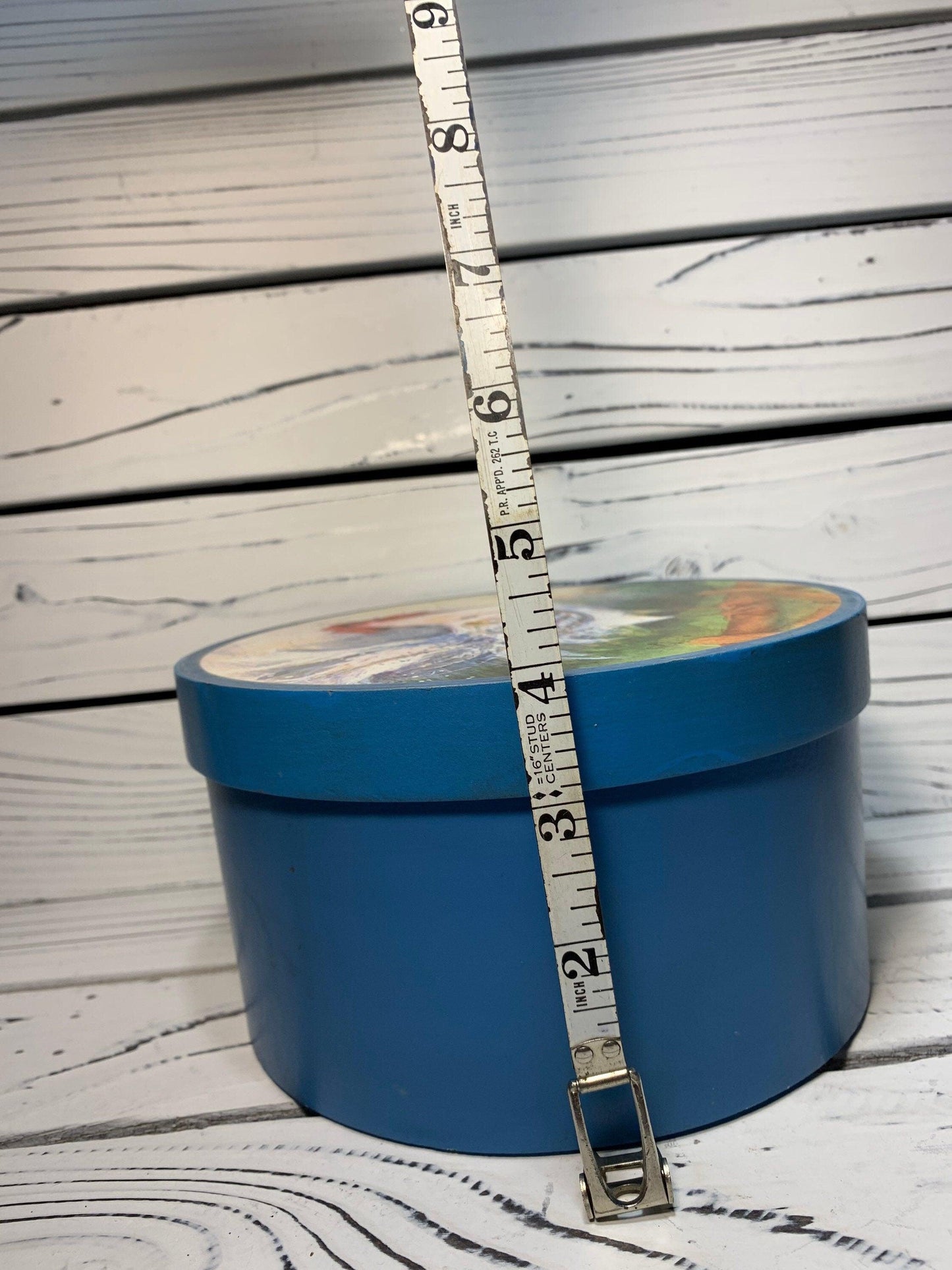 Vintage Storage Box With Rooster Picture On Lid, Round Blue Storage Container -Located at Funkyhouse Vintage Antique Store, Weiser Idaho