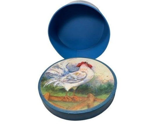 Vintage Storage Box With Rooster Picture On Lid, Round Blue Storage Container -Located at Funkyhouse Vintage Antique Store, Weiser Idaho