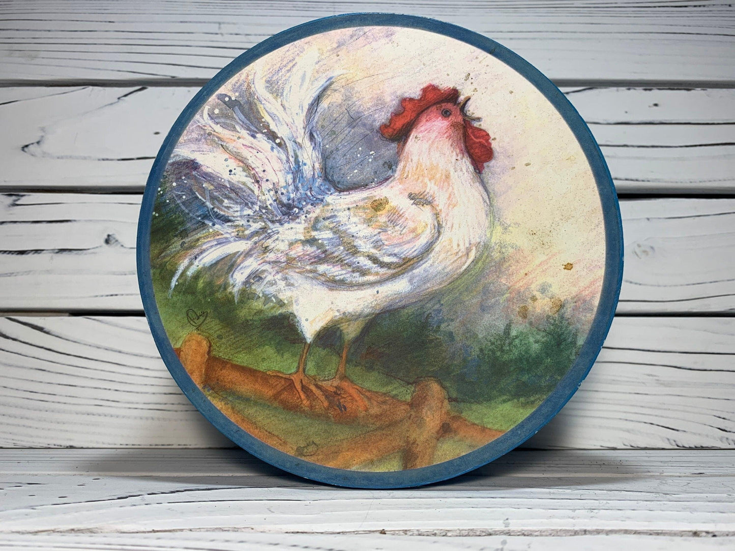 Vintage Storage Box With Rooster Picture On Lid, Round Blue Storage Container -Located at Funkyhouse Vintage Antique Store, Weiser Idaho