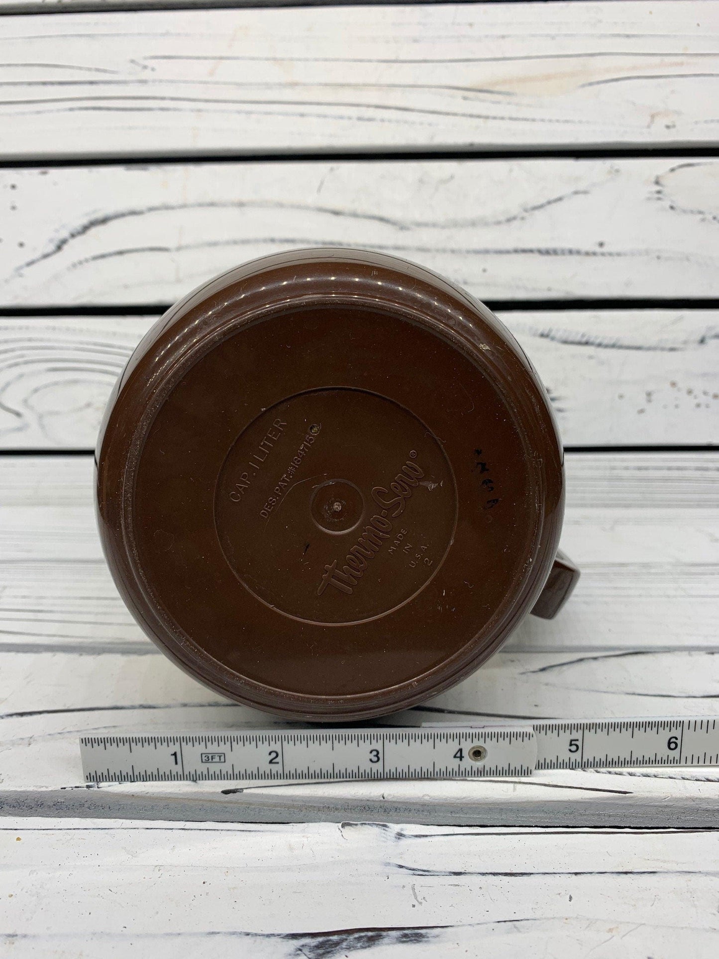 Vintage Thermo-Serv Plastic Coffee Carafe, Brown And Beige 1 Liter Flip Lid Plastic Pitcher -Located at Funkyhouse Vintage Antique Store, Weiser Idaho