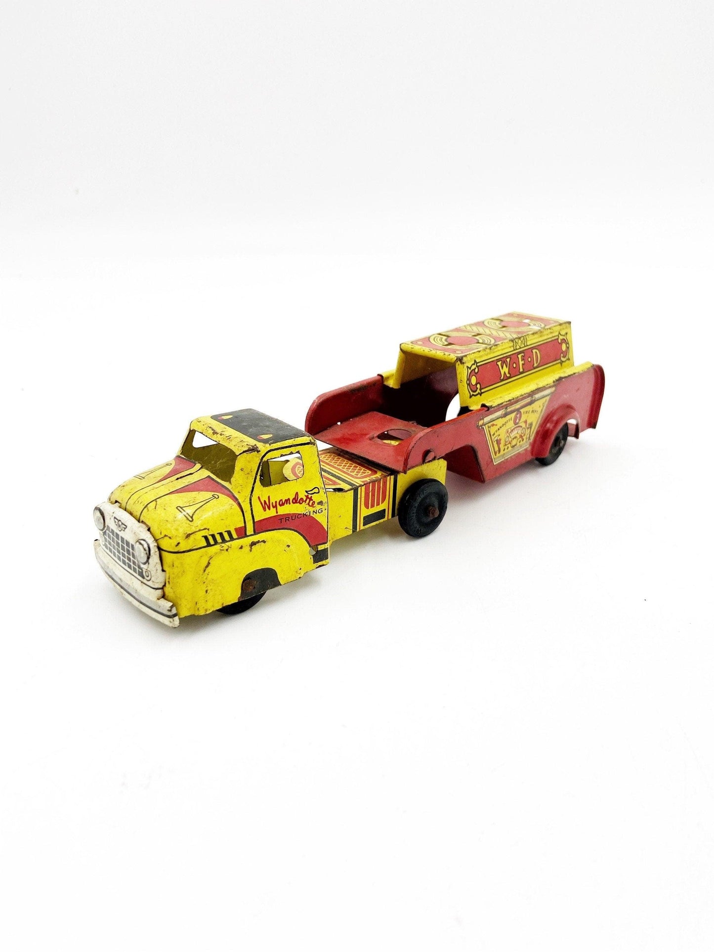 Vintage Tin Litho Wyandotte Fire Truck, WFD Red And Yellow Antique Fire Truck Trailer Toy -Located at Funkyhouse Vintage Antique Store, Weiser Idaho