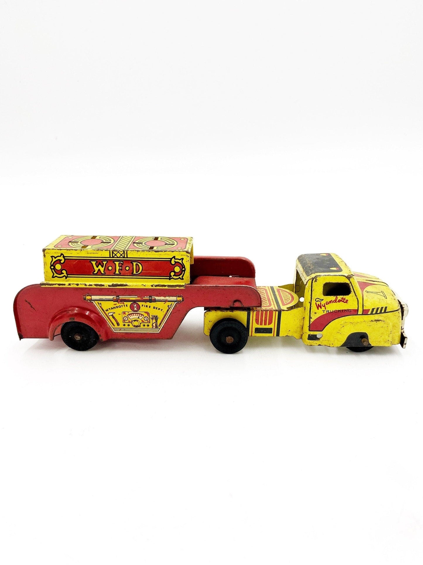 Vintage Tin Litho Wyandotte Fire Truck, WFD Red And Yellow Antique Fire Truck Trailer Toy -Located at Funkyhouse Vintage Antique Store, Weiser Idaho