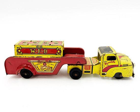 Vintage Tin Litho Wyandotte Fire Truck, WFD Red And Yellow Antique Fire Truck Trailer Toy -Located at Funkyhouse Vintage Antique Store, Weiser Idaho