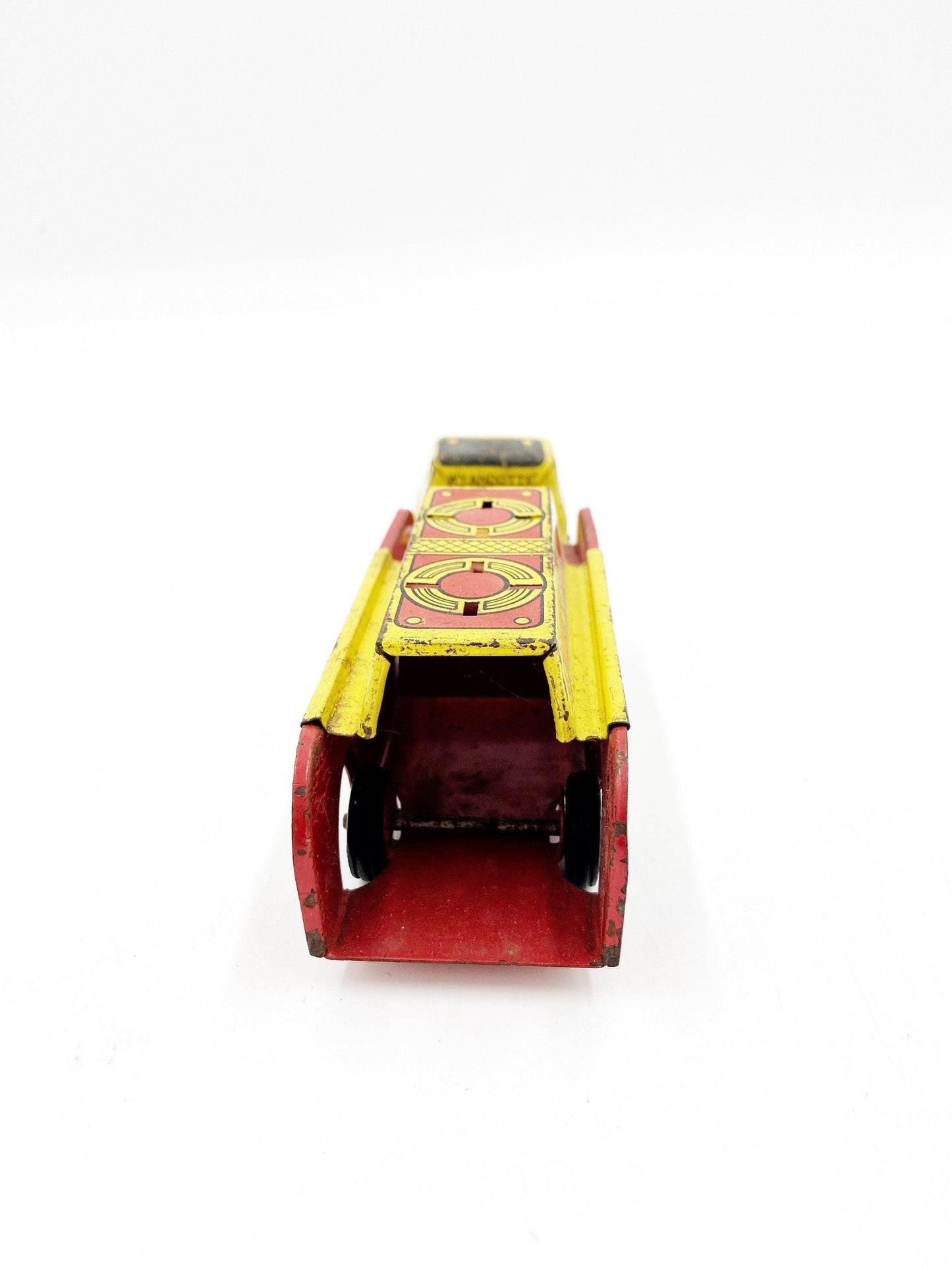 Vintage Tin Litho Wyandotte Fire Truck, WFD Red And Yellow Antique Fire Truck Trailer Toy -Located at Funkyhouse Vintage Antique Store, Weiser Idaho