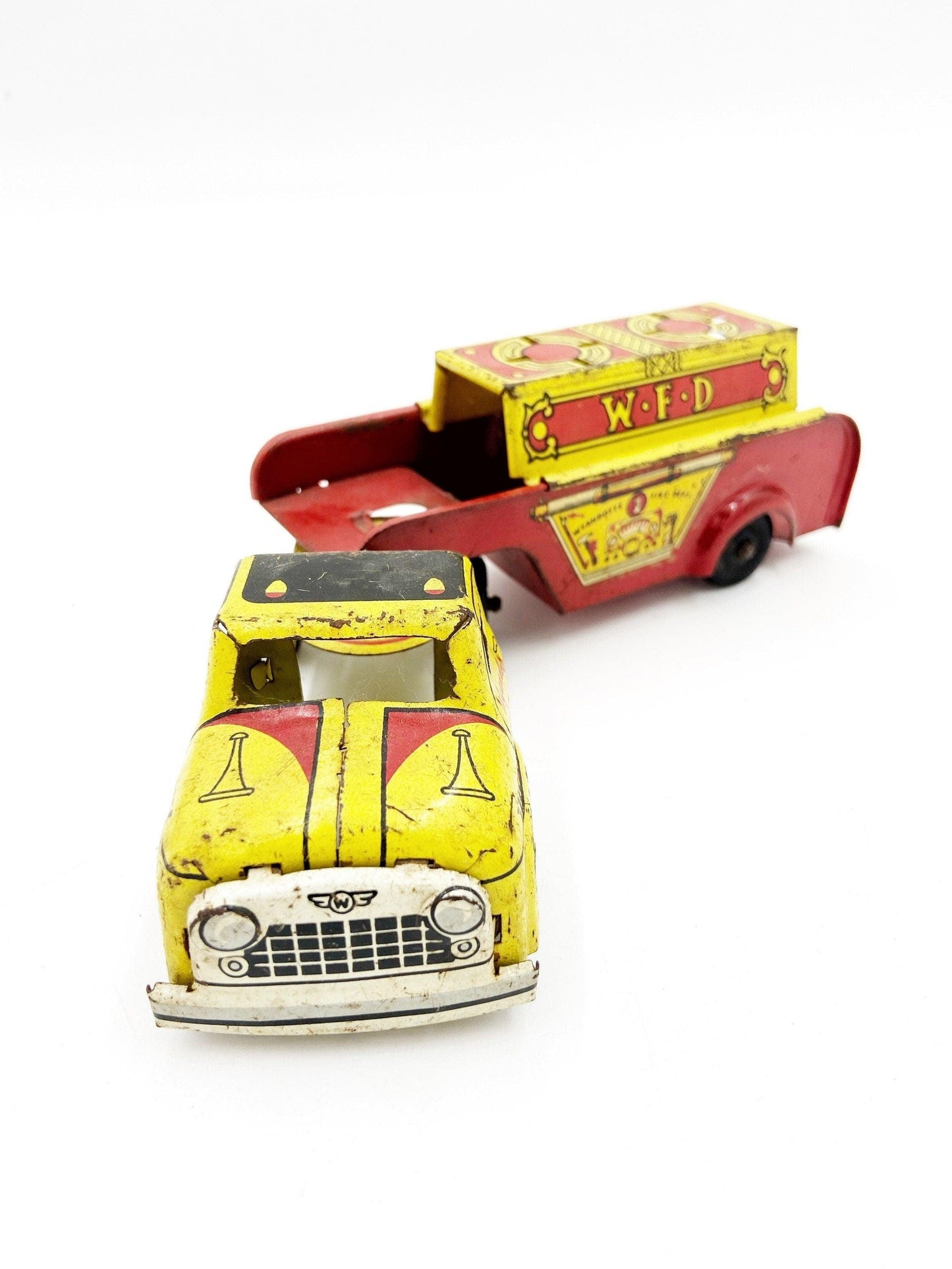 Vintage Tin Litho Wyandotte Fire Truck, WFD Red And Yellow Antique Fire Truck Trailer Toy -Located at Funkyhouse Vintage Antique Store, Weiser Idaho