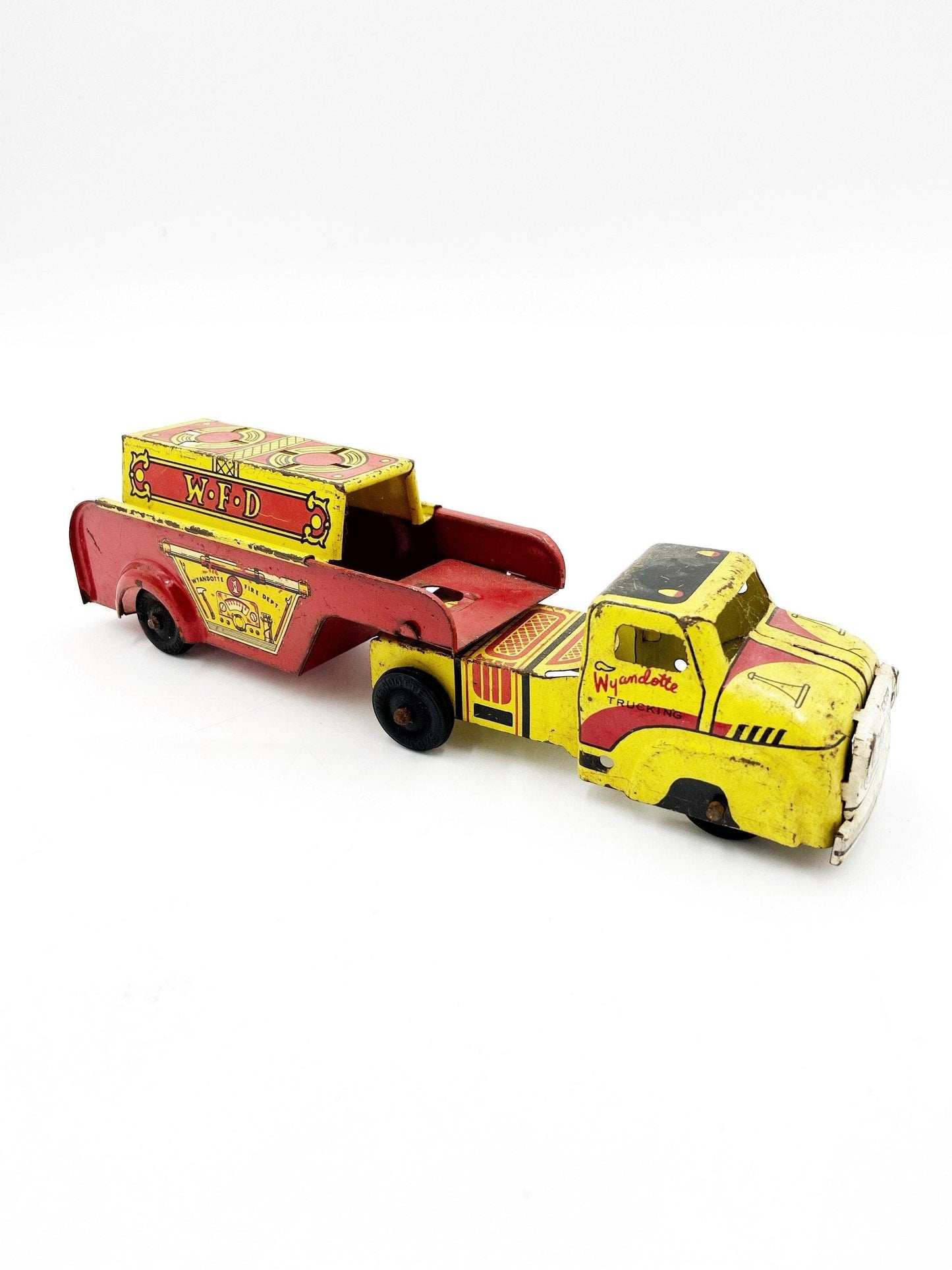 Vintage Tin Litho Wyandotte Fire Truck, WFD Red And Yellow Antique Fire Truck Trailer Toy -Located at Funkyhouse Vintage Antique Store, Weiser Idaho