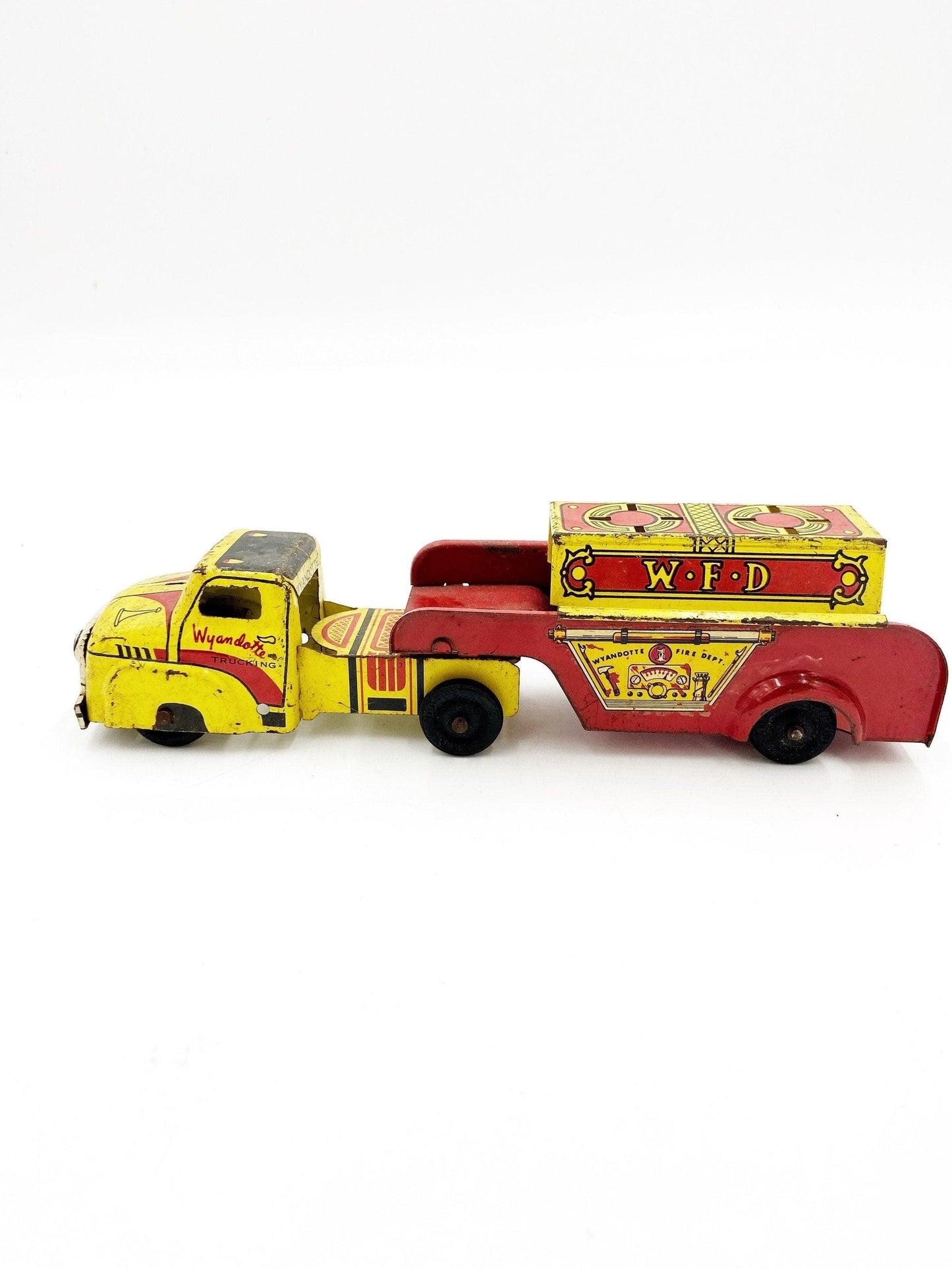 Vintage Tin Litho Wyandotte Fire Truck, WFD Red And Yellow Antique Fire Truck Trailer Toy -Located at Funkyhouse Vintage Antique Store, Weiser Idaho