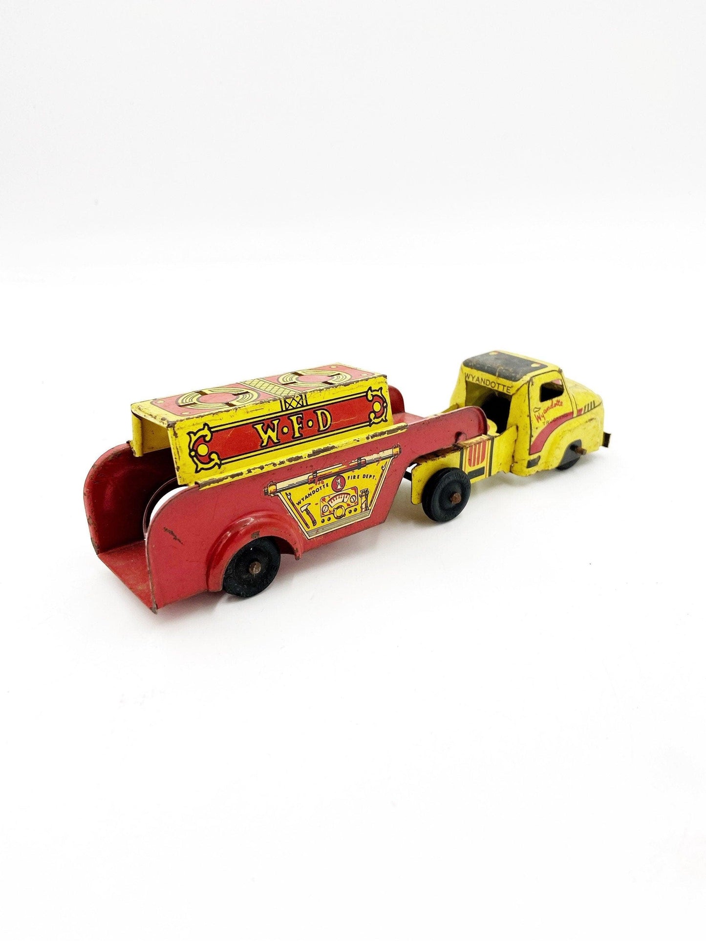 Vintage Tin Litho Wyandotte Fire Truck, WFD Red And Yellow Antique Fire Truck Trailer Toy -Located at Funkyhouse Vintage Antique Store, Weiser Idaho