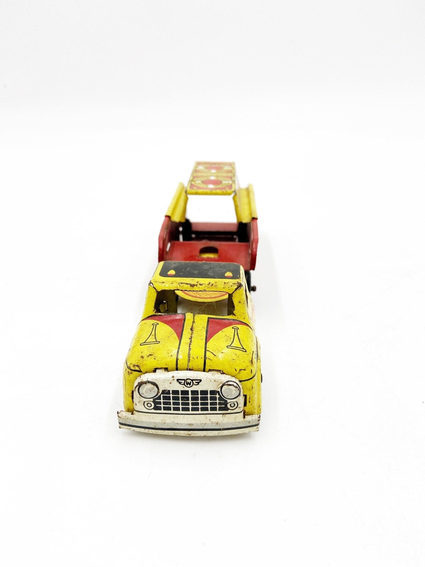 Vintage Tin Litho Wyandotte Fire Truck, WFD Red And Yellow Antique Fire Truck Trailer Toy -Located at Funkyhouse Vintage Antique Store, Weiser Idaho