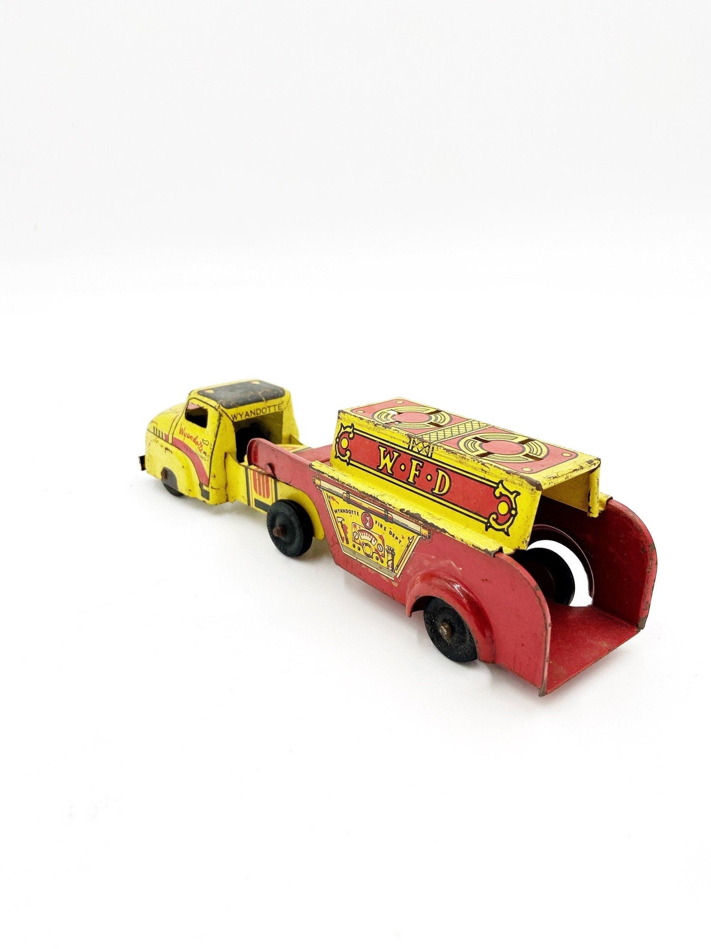 Vintage Tin Litho Wyandotte Fire Truck, WFD Red And Yellow Antique Fire Truck Trailer Toy -Located at Funkyhouse Vintage Antique Store, Weiser Idaho