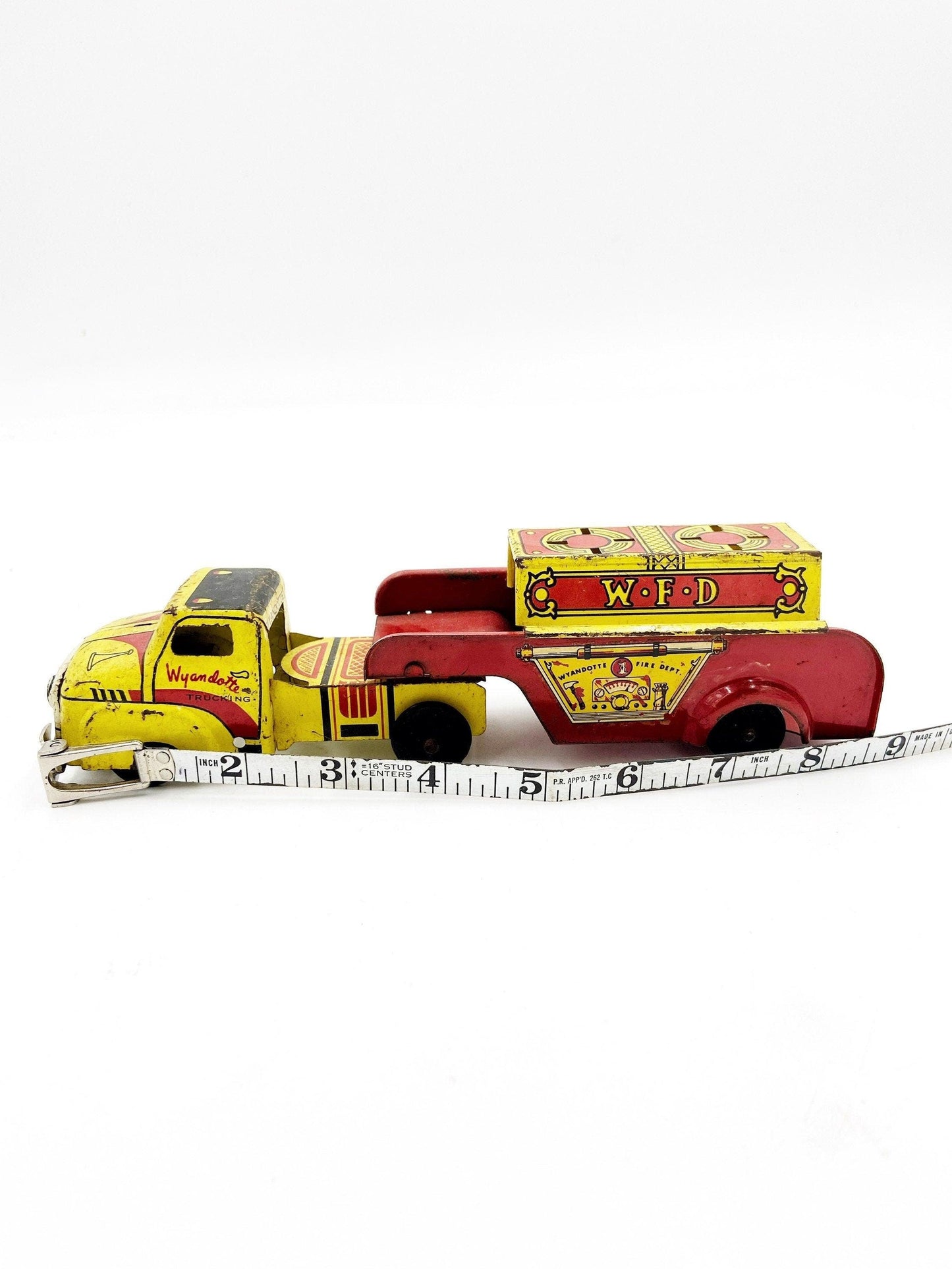Vintage Tin Litho Wyandotte Fire Truck, WFD Red And Yellow Antique Fire Truck Trailer Toy -Located at Funkyhouse Vintage Antique Store, Weiser Idaho