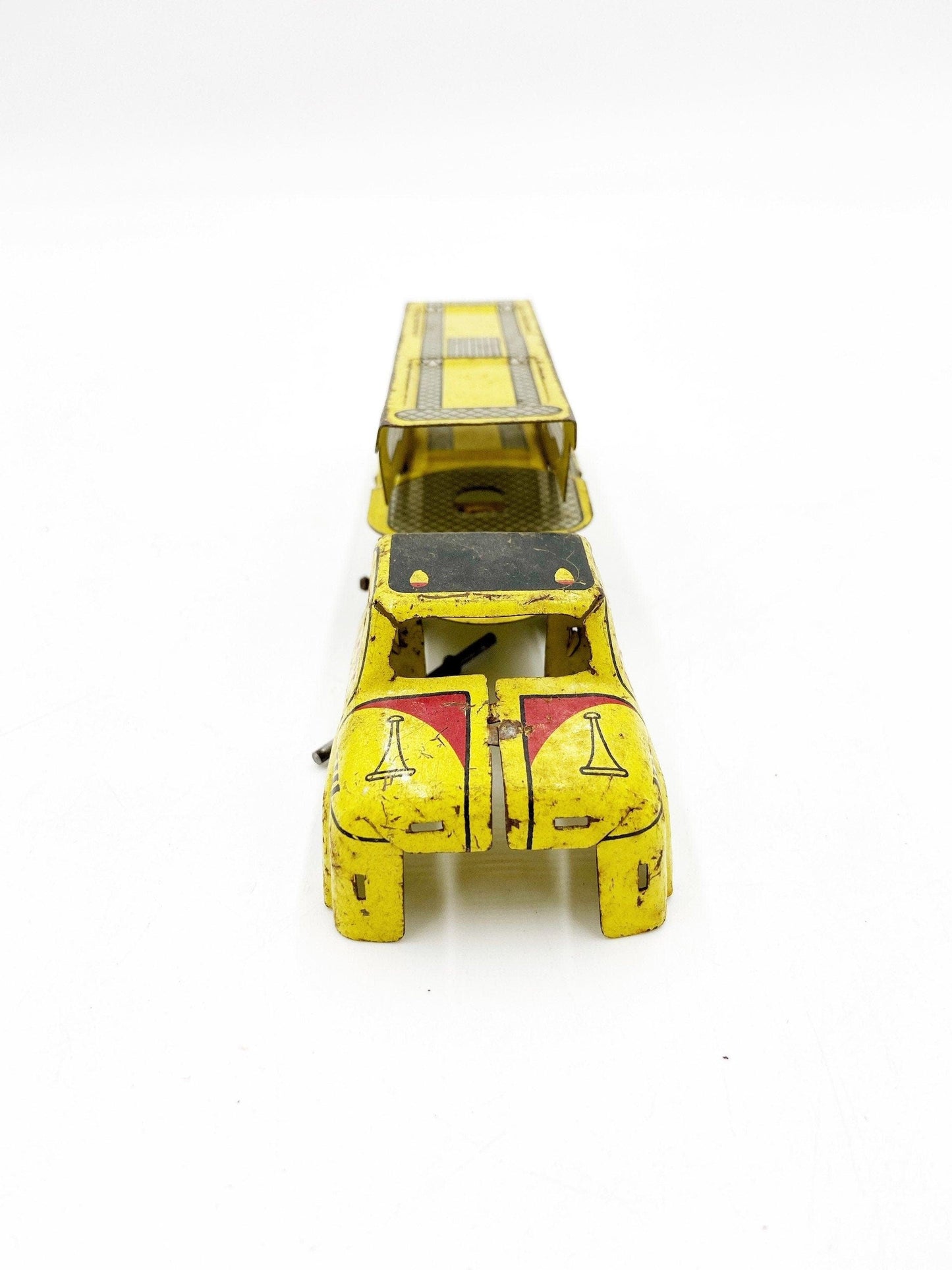 Vintage Tin Litho Wyandotte Trucking Car Hauler, Haul A Car, Tin Red Yellow Truck And Trailer Toy -Located at Funkyhouse Vintage Antique Store, Weiser Idaho