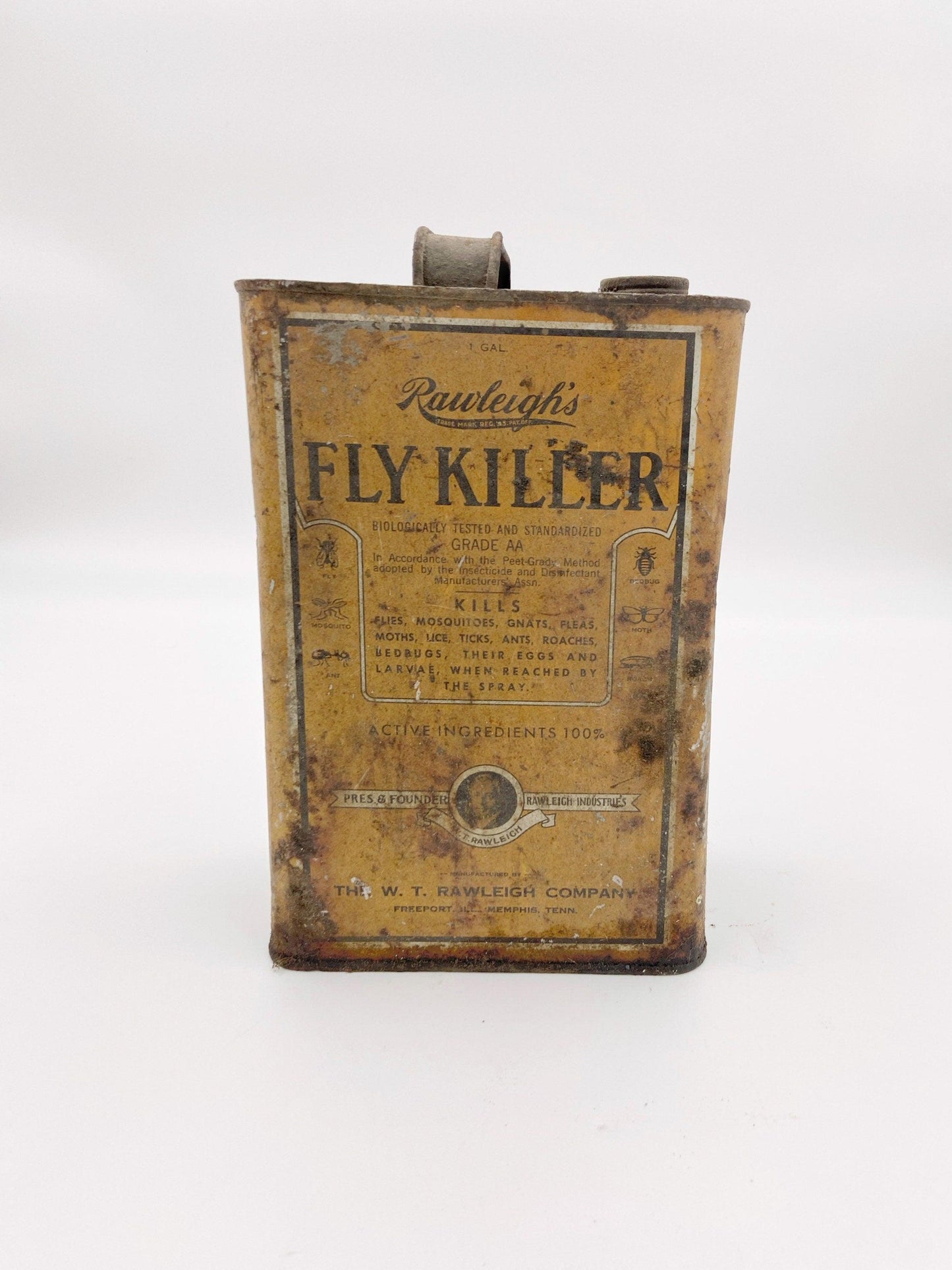 Vintage Tin, Yellow Metal Can, Rawleigh’s Fly Killer One Gallon, Rustic Country Farmhouse Decor -Located at Funkyhouse Vintage Antique Store, Weiser Idaho