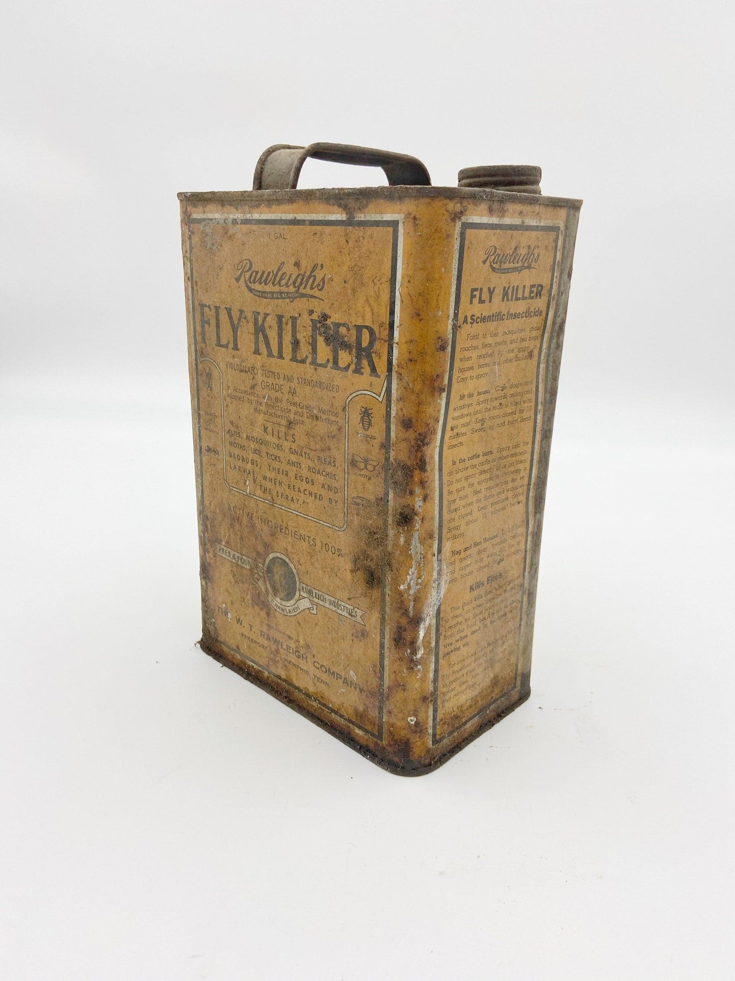 Vintage Tin, Yellow Metal Can, Rawleigh’s Fly Killer One Gallon, Rustic Country Farmhouse Decor -Located at Funkyhouse Vintage Antique Store, Weiser Idaho