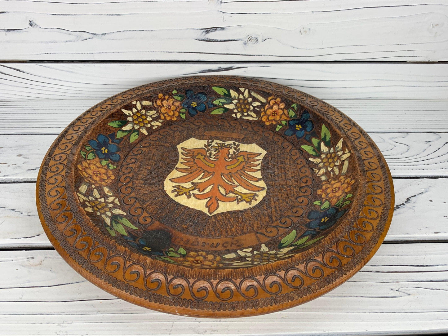 Vintage Tirol Innsbruck Wood Serving Plate, Hand Carved Austrian Platter -Located at Funkyhouse Vintage Antique Store, Weiser Idaho