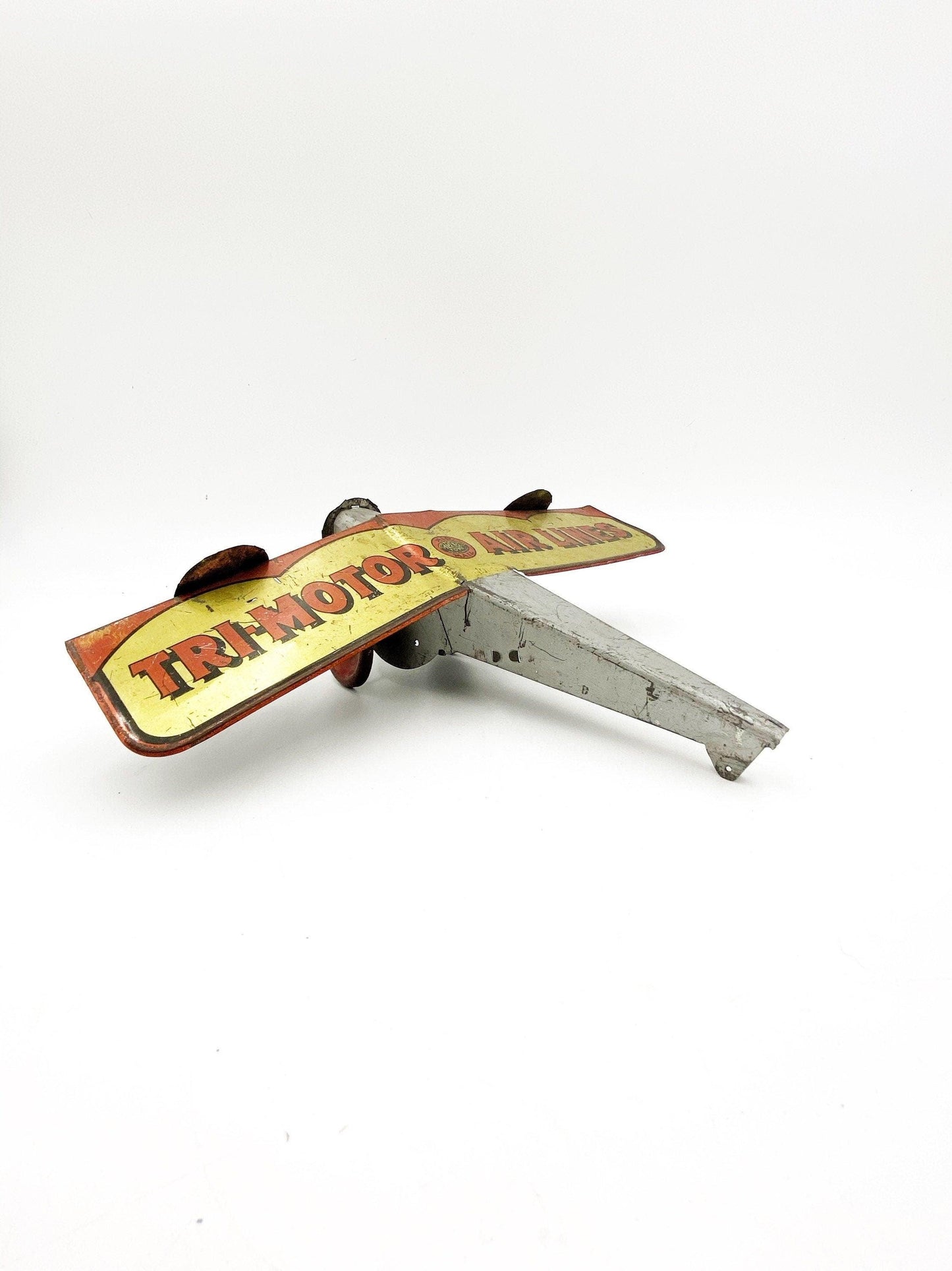 Vintage Toy Airplane, Girard Toys Tin Litho Air Mail Plane, Tri Motor Airlines, Silver Yellow Pretend Play -Located at Funkyhouse Vintage Antique Store, Weiser Idaho