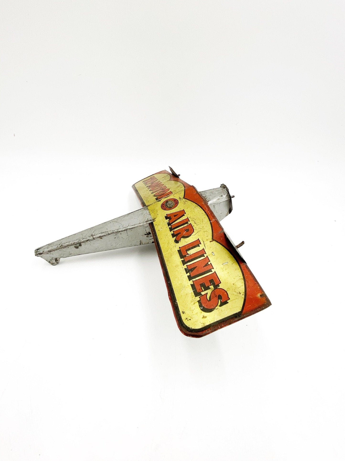 Vintage Toy Airplane, Girard Toys Tin Litho Air Mail Plane, Tri Motor Airlines, Silver Yellow Pretend Play -Located at Funkyhouse Vintage Antique Store, Weiser Idaho