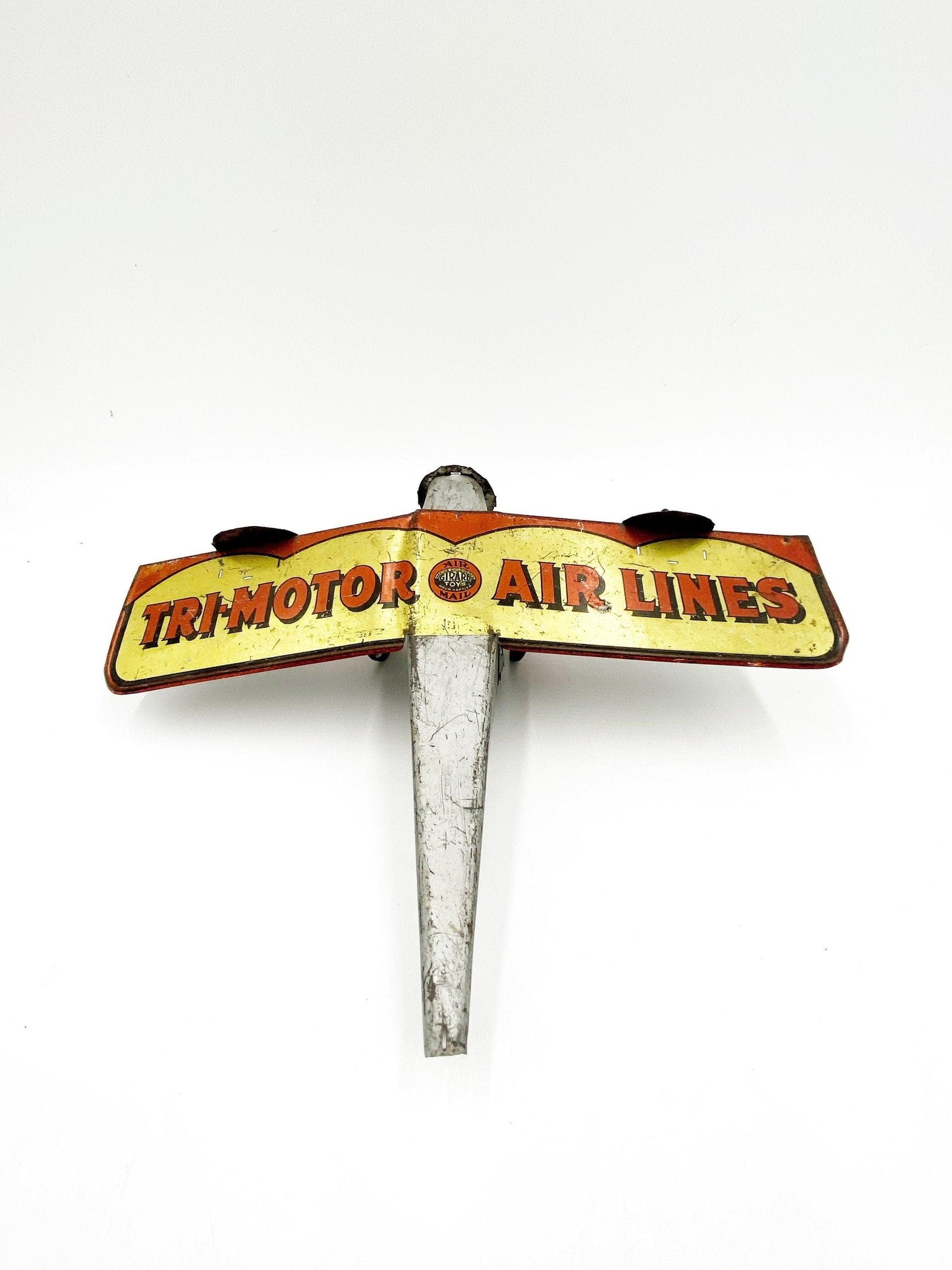 Vintage Toy Airplane, Girard Toys Tin Litho Air Mail Plane, Tri Motor Airlines, Silver Yellow Pretend Play -Located at Funkyhouse Vintage Antique Store, Weiser Idaho