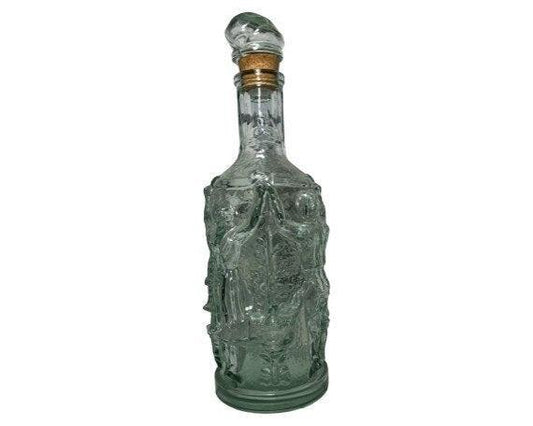 Vintage Vase Clear Decorative Bottle with Intricate Design of People Holding Raised Hands, With Bottle Topper -Located at Funkyhouse Vintage Antique Store, Weiser Idaho