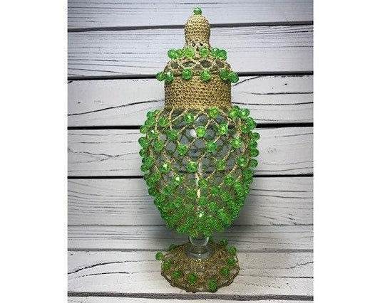 Vintage Vase Clear Glass Covered in Gold Colored Mesh Netting and Green Plastic Beads With Lid -Located at Funkyhouse Vintage Antique Store, Weiser Idaho