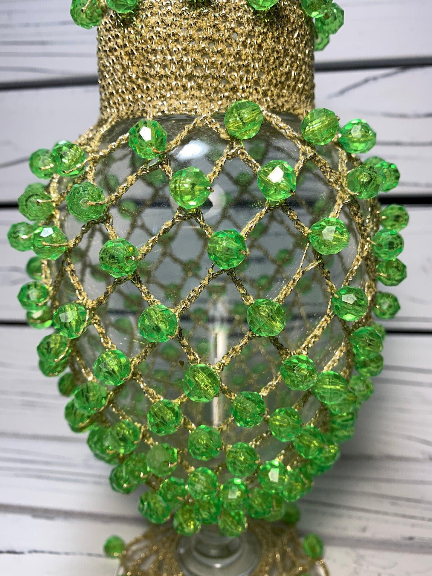 Vintage Vase Clear Glass Covered in Gold Colored Mesh Netting and Green Plastic Beads With Lid -Located at Funkyhouse Vintage Antique Store, Weiser Idaho