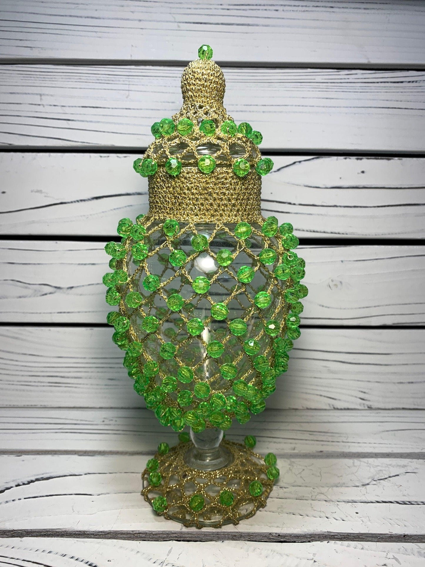 Vintage Vase Clear Glass Covered in Gold Colored Mesh Netting and Green Plastic Beads With Lid -Located at Funkyhouse Vintage Antique Store, Weiser Idaho