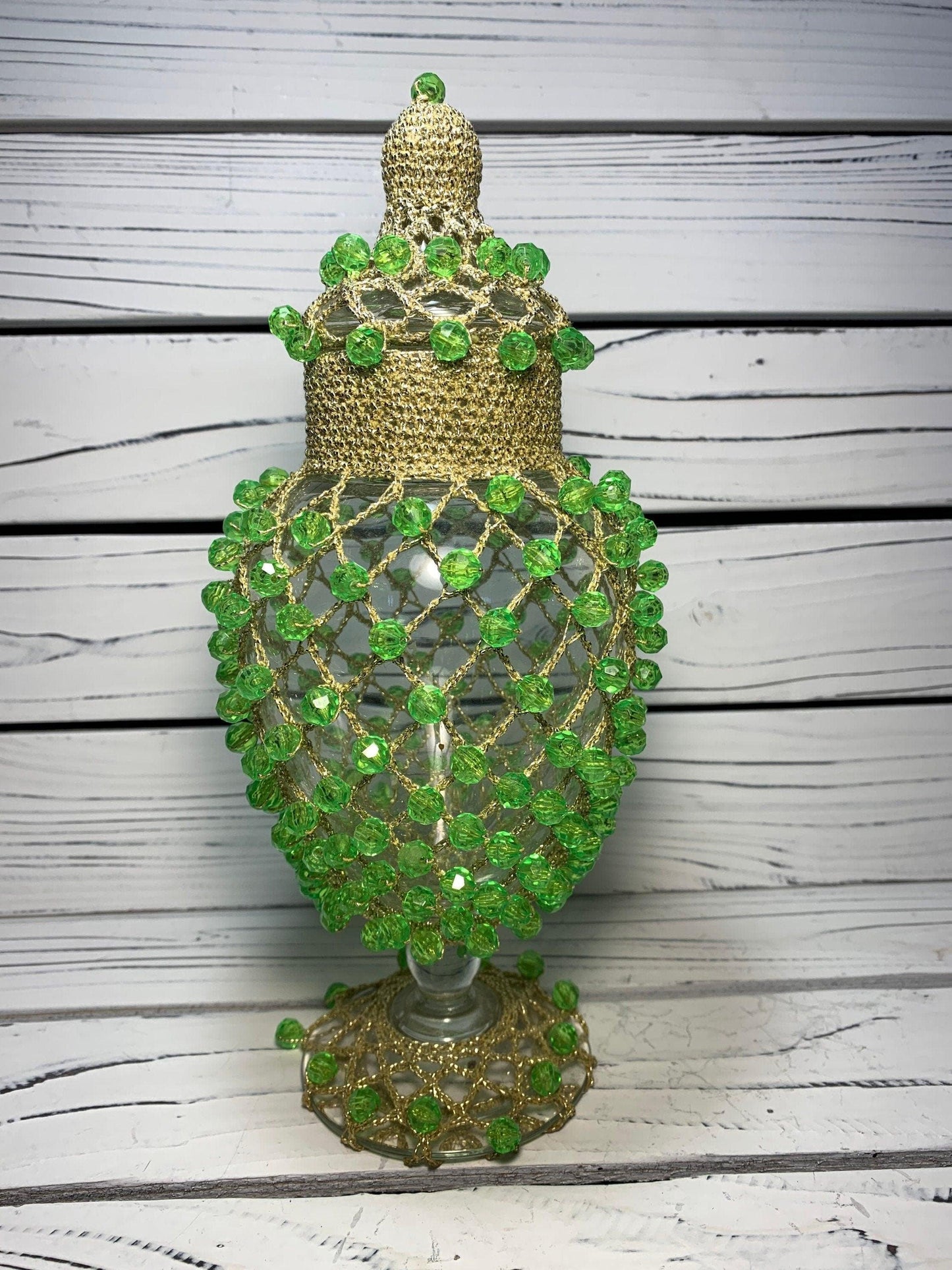 Vintage Vase Clear Glass Covered in Gold Colored Mesh Netting and Green Plastic Beads With Lid -Located at Funkyhouse Vintage Antique Store, Weiser Idaho