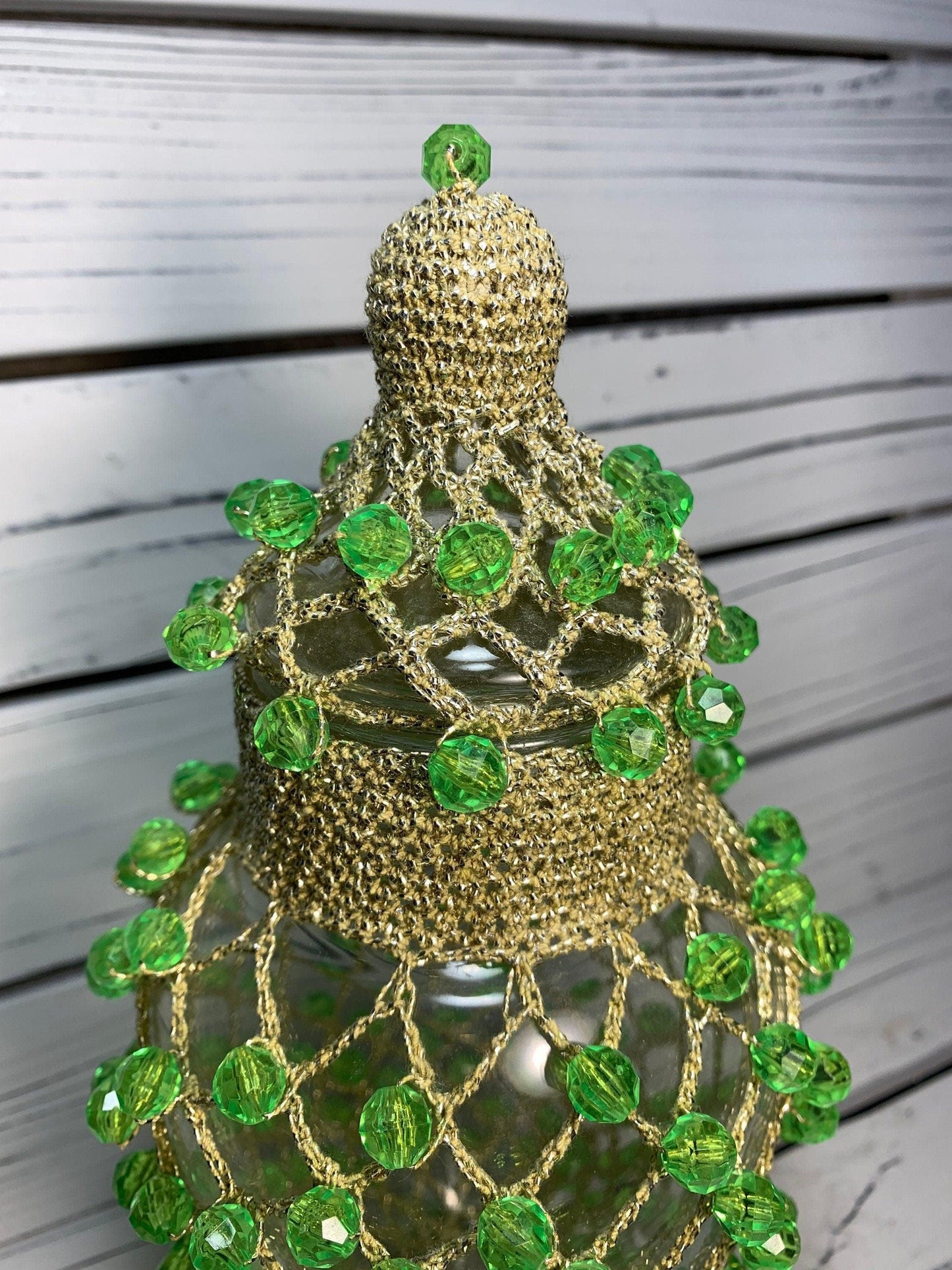 Vintage Vase Clear Glass Covered in Gold Colored Mesh Netting and Green Plastic Beads With Lid -Located at Funkyhouse Vintage Antique Store, Weiser Idaho