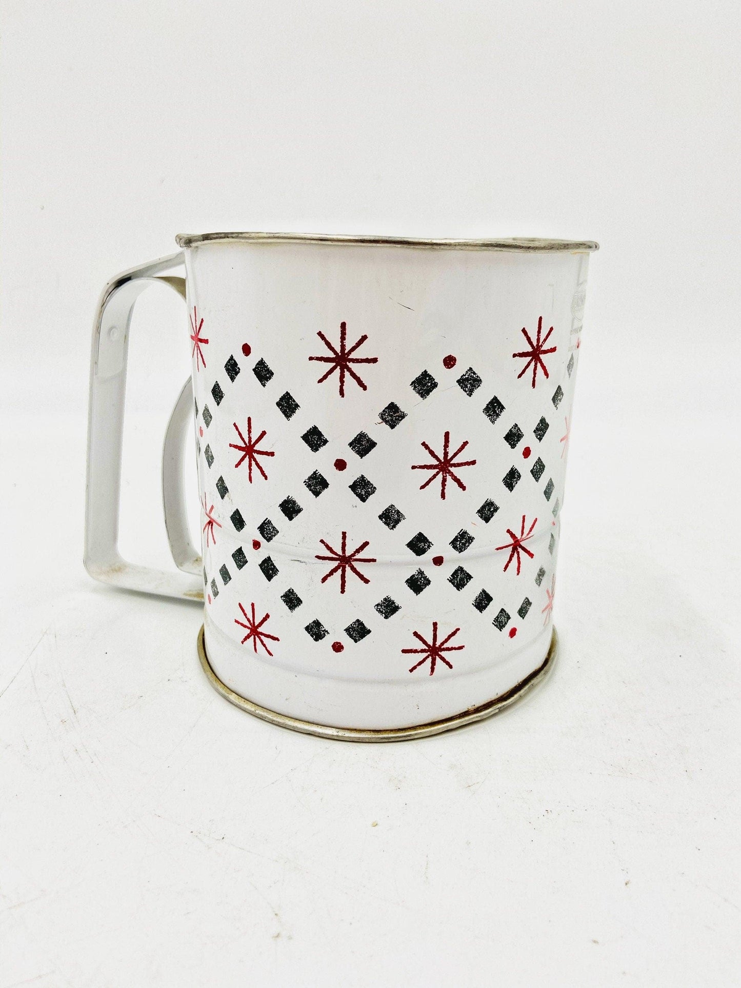 Vintage White Metal Androck Sifter With Red Stars And Blue Dotted Lines, Patriotic Starburst Pattern -Located at Funkyhouse Vintage Antique Store, Weiser Idaho
