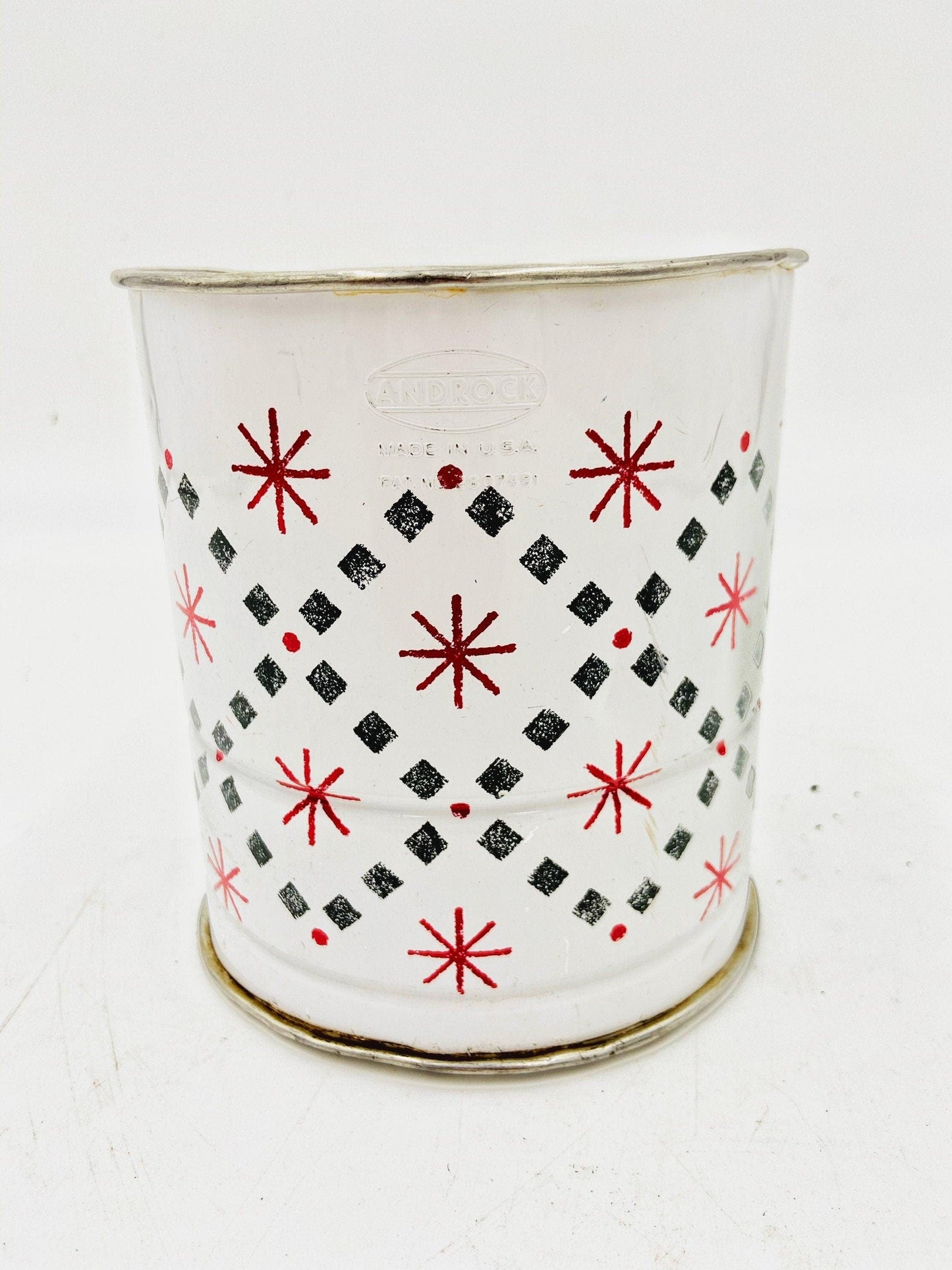Vintage White Metal Androck Sifter With Red Stars And Blue Dotted Lines, Patriotic Starburst Pattern -Located at Funkyhouse Vintage Antique Store, Weiser Idaho