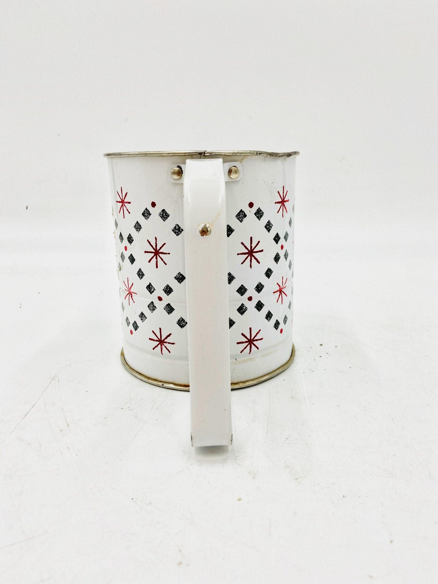 Vintage White Metal Androck Sifter With Red Stars And Blue Dotted Lines, Patriotic Starburst Pattern -Located at Funkyhouse Vintage Antique Store, Weiser Idaho