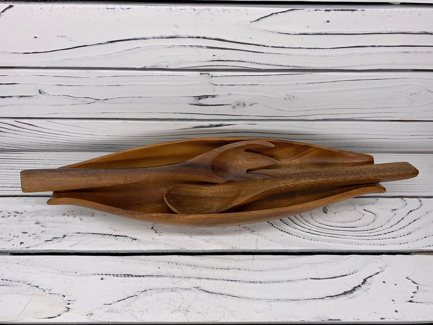 Vintage Wood Serving Bowl and Utensils Set, Mid Century Kitchen Serving Boat, Wooden Serving Fork and Spoon -Located at Funkyhouse Vintage Antique Store, Weiser Idaho
