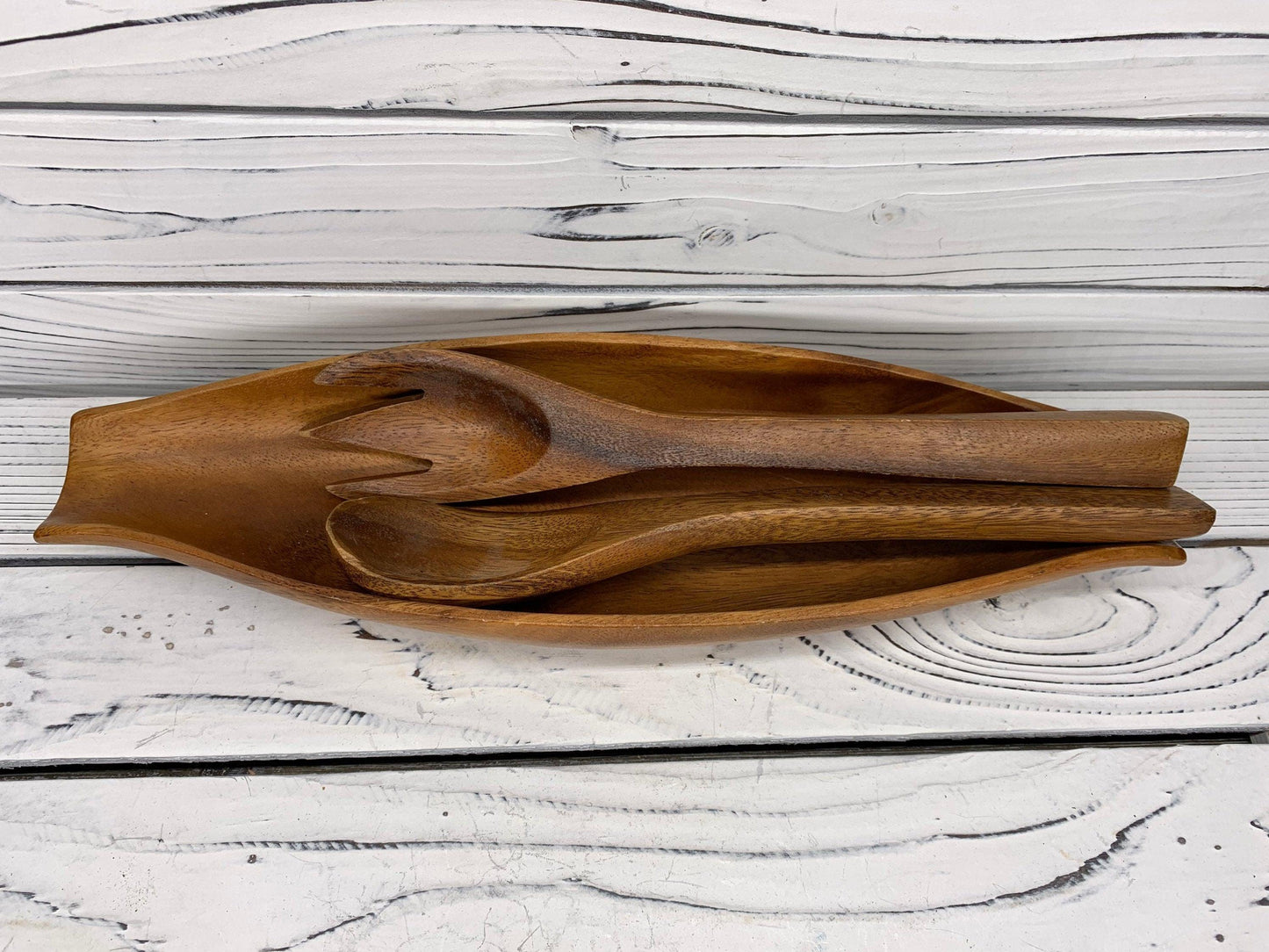 Vintage Wood Serving Bowl and Utensils Set, Mid Century Kitchen Serving Boat, Wooden Serving Fork and Spoon -Located at Funkyhouse Vintage Antique Store, Weiser Idaho