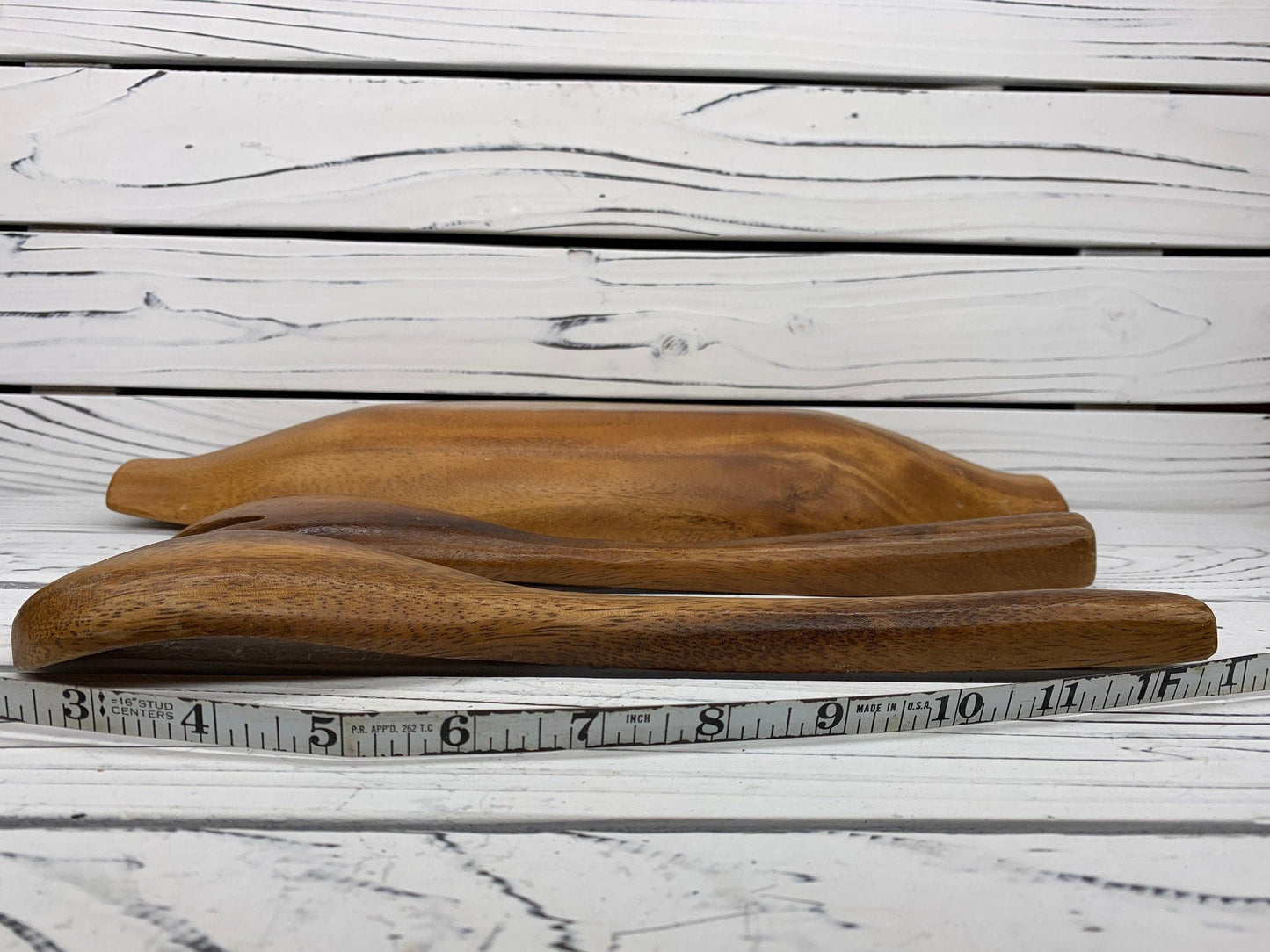 Vintage Wood Serving Bowl and Utensils Set, Mid Century Kitchen Serving Boat, Wooden Serving Fork and Spoon -Located at Funkyhouse Vintage Antique Store, Weiser Idaho