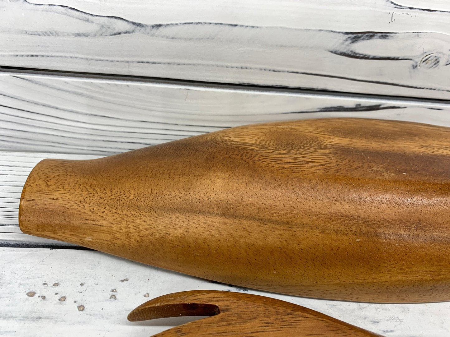 Vintage Wood Serving Bowl and Utensils Set, Mid Century Kitchen Serving Boat, Wooden Serving Fork and Spoon -Located at Funkyhouse Vintage Antique Store, Weiser Idaho