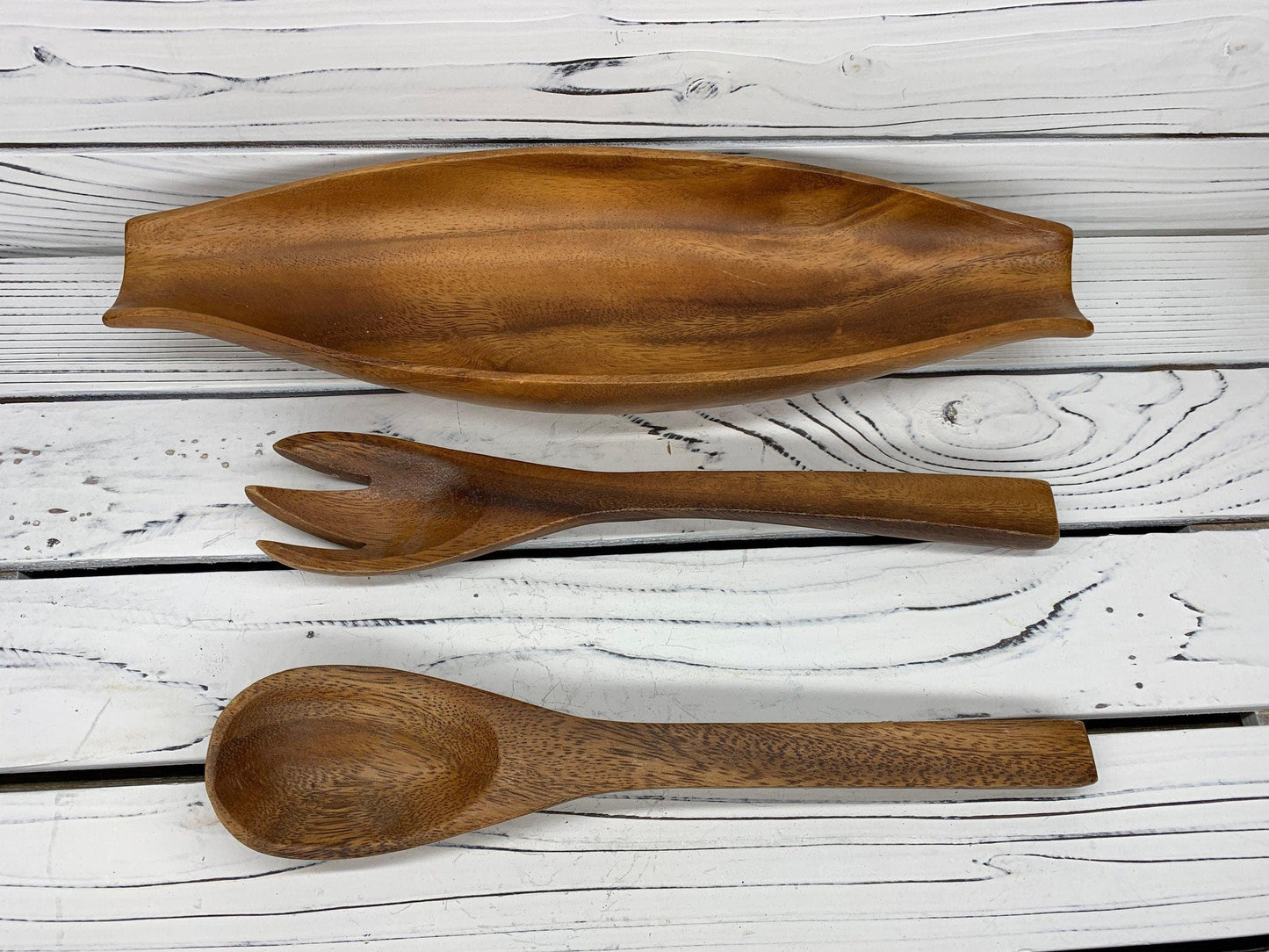 Vintage Wood Serving Bowl and Utensils Set, Mid Century Kitchen Serving Boat, Wooden Serving Fork and Spoon -Located at Funkyhouse Vintage Antique Store, Weiser Idaho