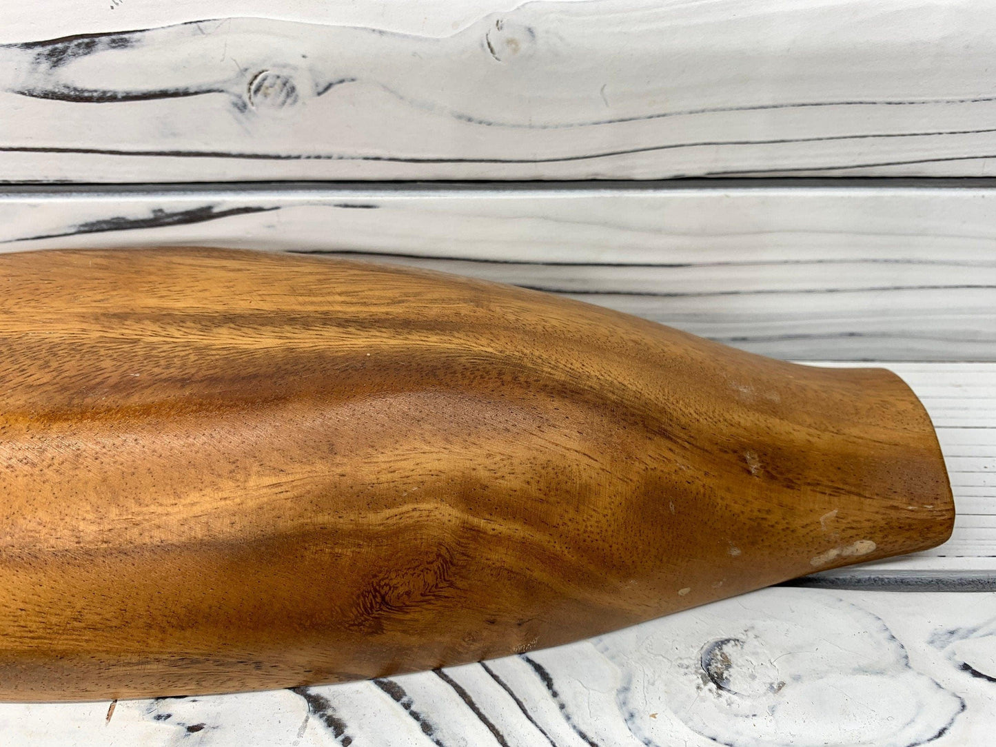 Vintage Wood Serving Bowl and Utensils Set, Mid Century Kitchen Serving Boat, Wooden Serving Fork and Spoon -Located at Funkyhouse Vintage Antique Store, Weiser Idaho