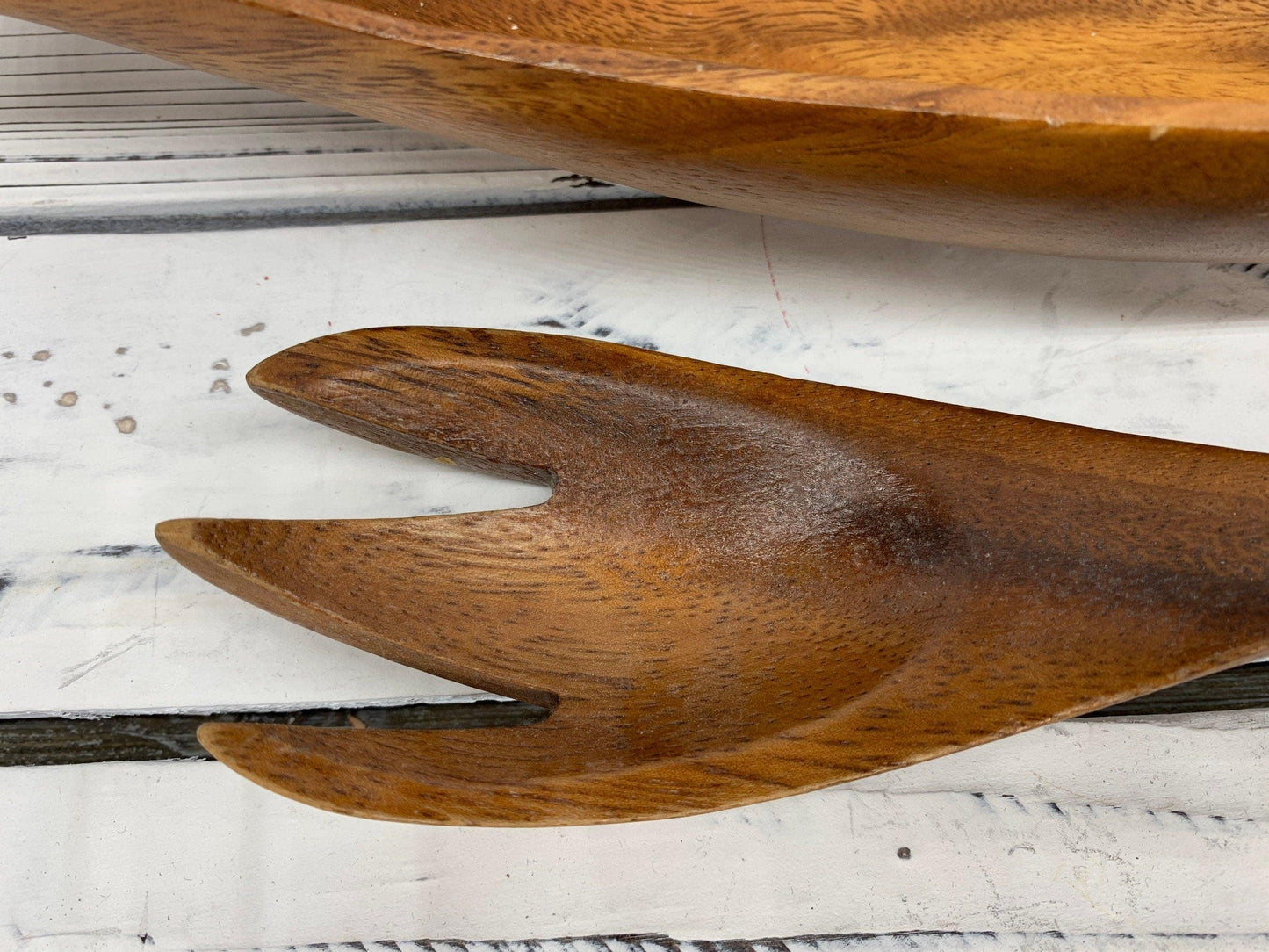Vintage Wood Serving Bowl and Utensils Set, Mid Century Kitchen Serving Boat, Wooden Serving Fork and Spoon -Located at Funkyhouse Vintage Antique Store, Weiser Idaho