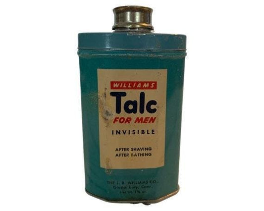 Williams Talc for Men Vintage Tin Bottle, Vintage Tin, Vintage Bathroom Decor -Located at Funkyhouse Vintage Antique Store, Weiser Idaho