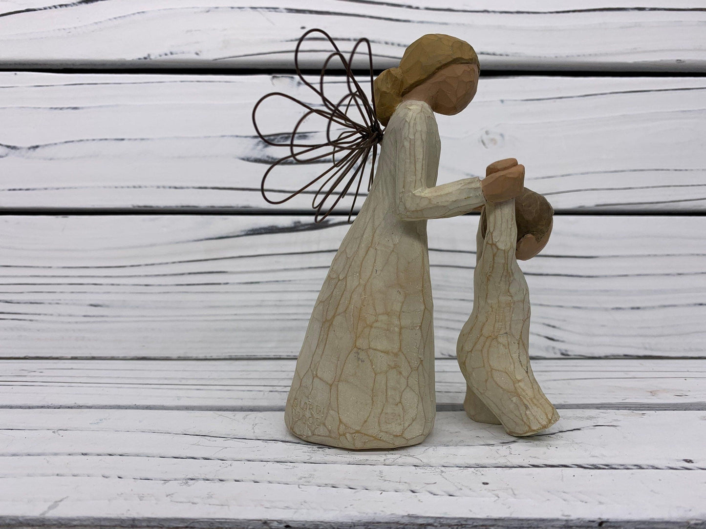 Willow Tree Guardian Angel, Vintage Knick Knack Collectible Figurine, Wood Angel With Wings and Boy -Located at Funkyhouse Vintage Antique Store, Weiser Idaho