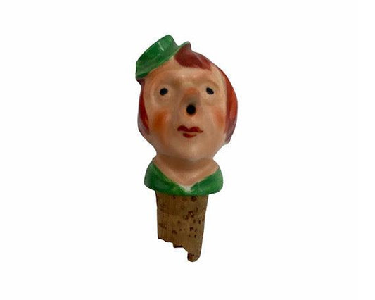 Wood Bottle Stopper Hand Carved Barware, Vintage Funky Bar Ware Wine Cork, Funny Eclectic Kitchen Utensil, Red Hair Man Elf -Located at Funkyhouse Vintage Antique Store, Weiser Idaho