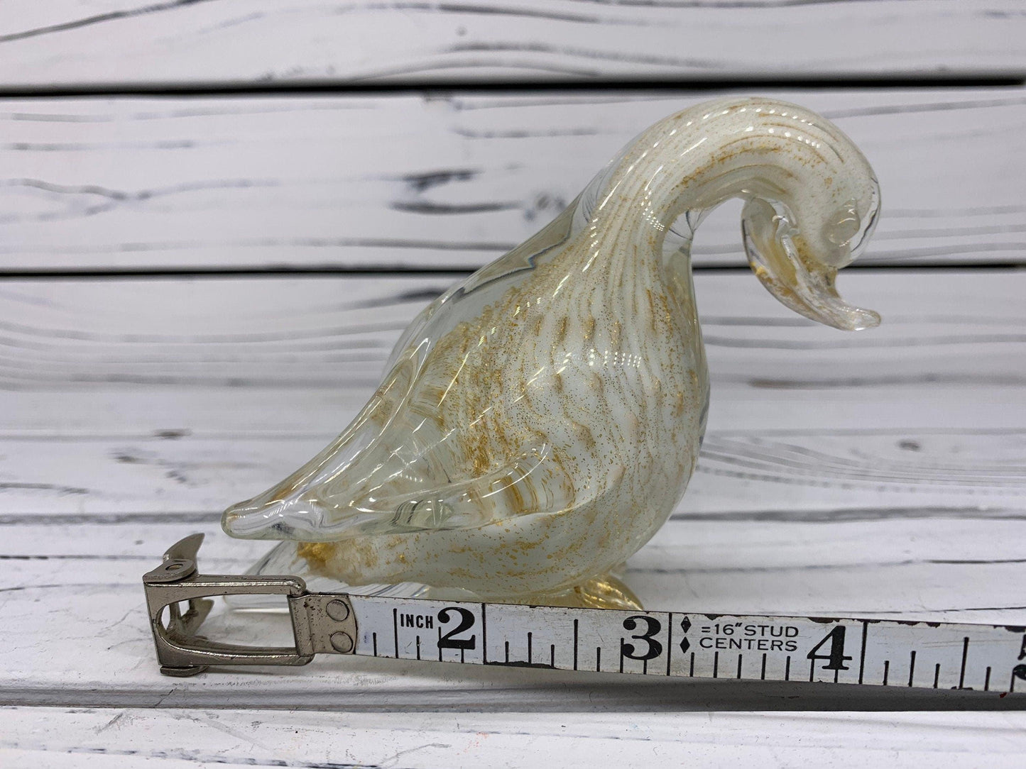 Barbini Murano Blown Glass Duck Sculpture, Controlled Bullicante White with Gold Dust and Bubbles, Italian Art -Located at Funkyhouse Vintage Antique Store, Weiser Idaho