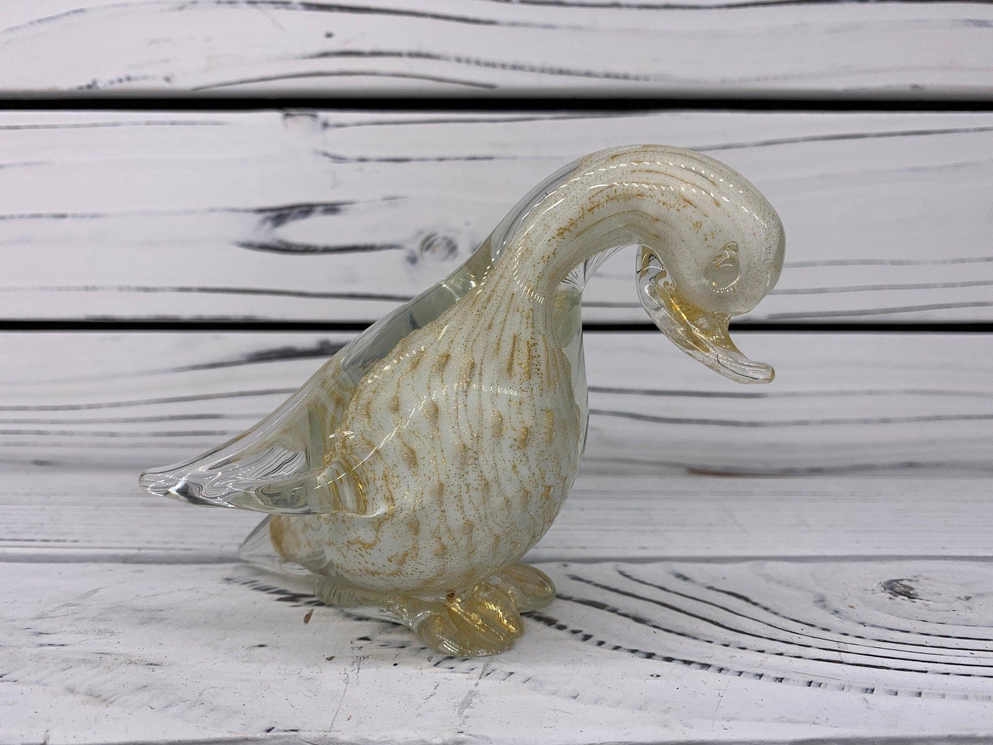 Barbini Murano Blown Glass Duck Sculpture, Controlled Bullicante White with Gold Dust and Bubbles, Italian Art -Located at Funkyhouse Vintage Antique Store, Weiser Idaho