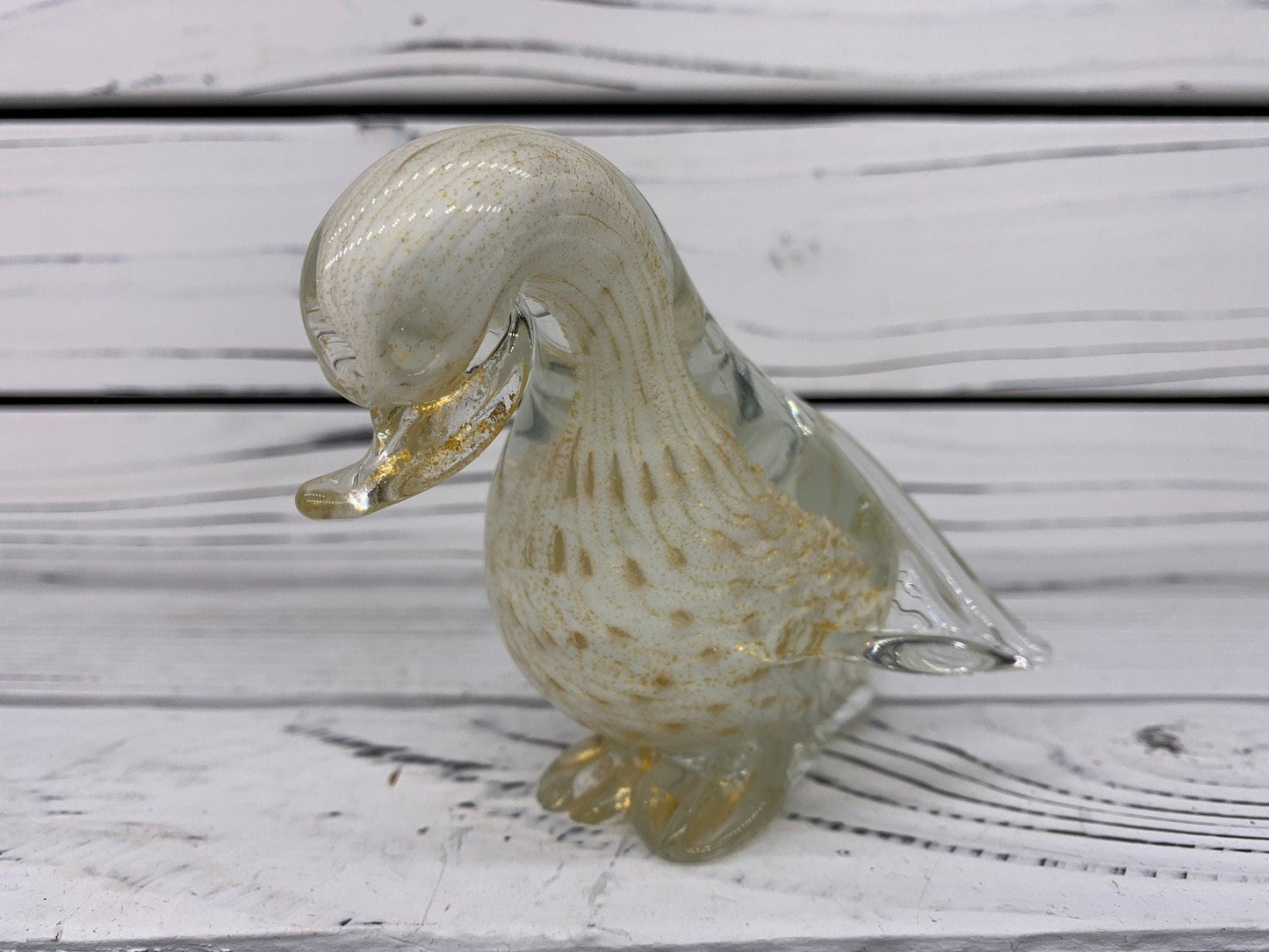Barbini Murano Blown Glass Duck Sculpture, Controlled Bullicante White with Gold Dust and Bubbles, Italian Art -Located at Funkyhouse Vintage Antique Store, Weiser Idaho