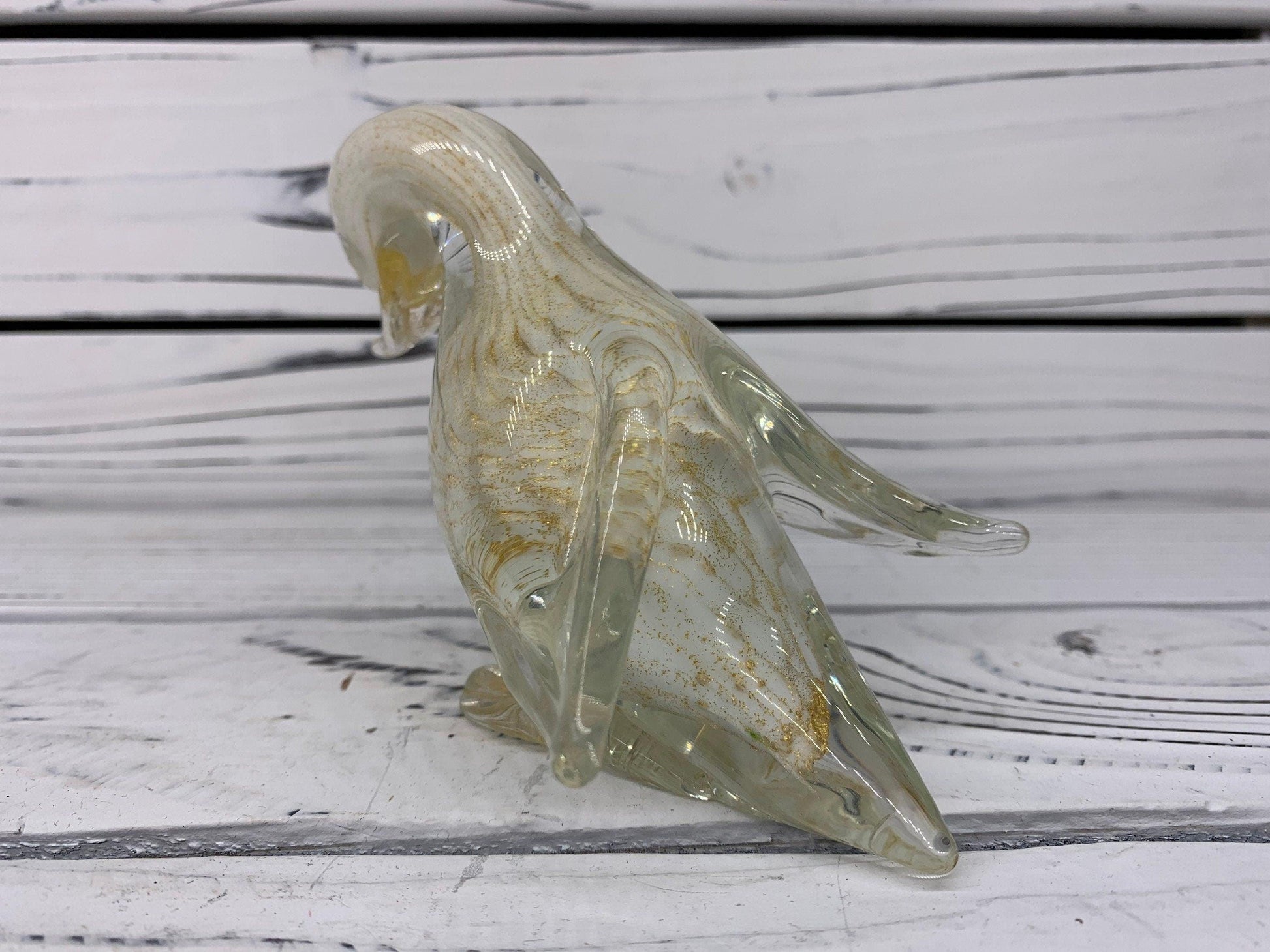Barbini Murano Blown Glass Duck Sculpture, Controlled Bullicante White with Gold Dust and Bubbles, Italian Art -Located at Funkyhouse Vintage Antique Store, Weiser Idaho