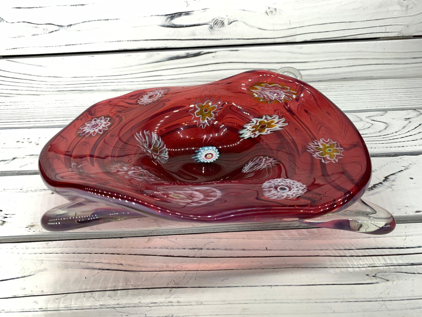 Blown Glass Art Rolled Bowl, Red Trinket Dish or Candy Dish, Murano Glass Dish -Located at Funkyhouse Vintage Antique Store, Weiser Idaho