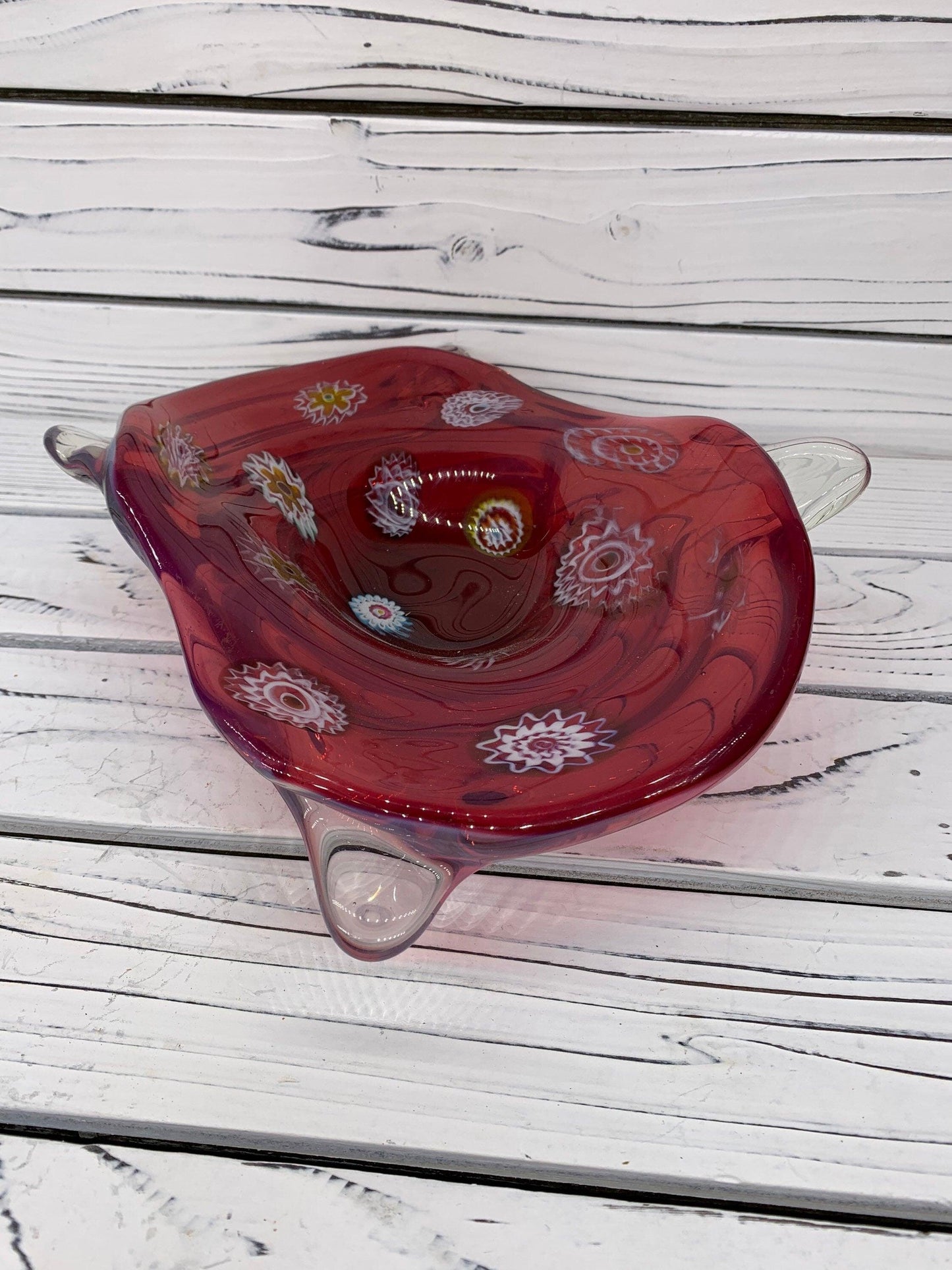 Blown Glass Art Rolled Bowl, Red Trinket Dish or Candy Dish, Murano Glass Dish -Located at Funkyhouse Vintage Antique Store, Weiser Idaho