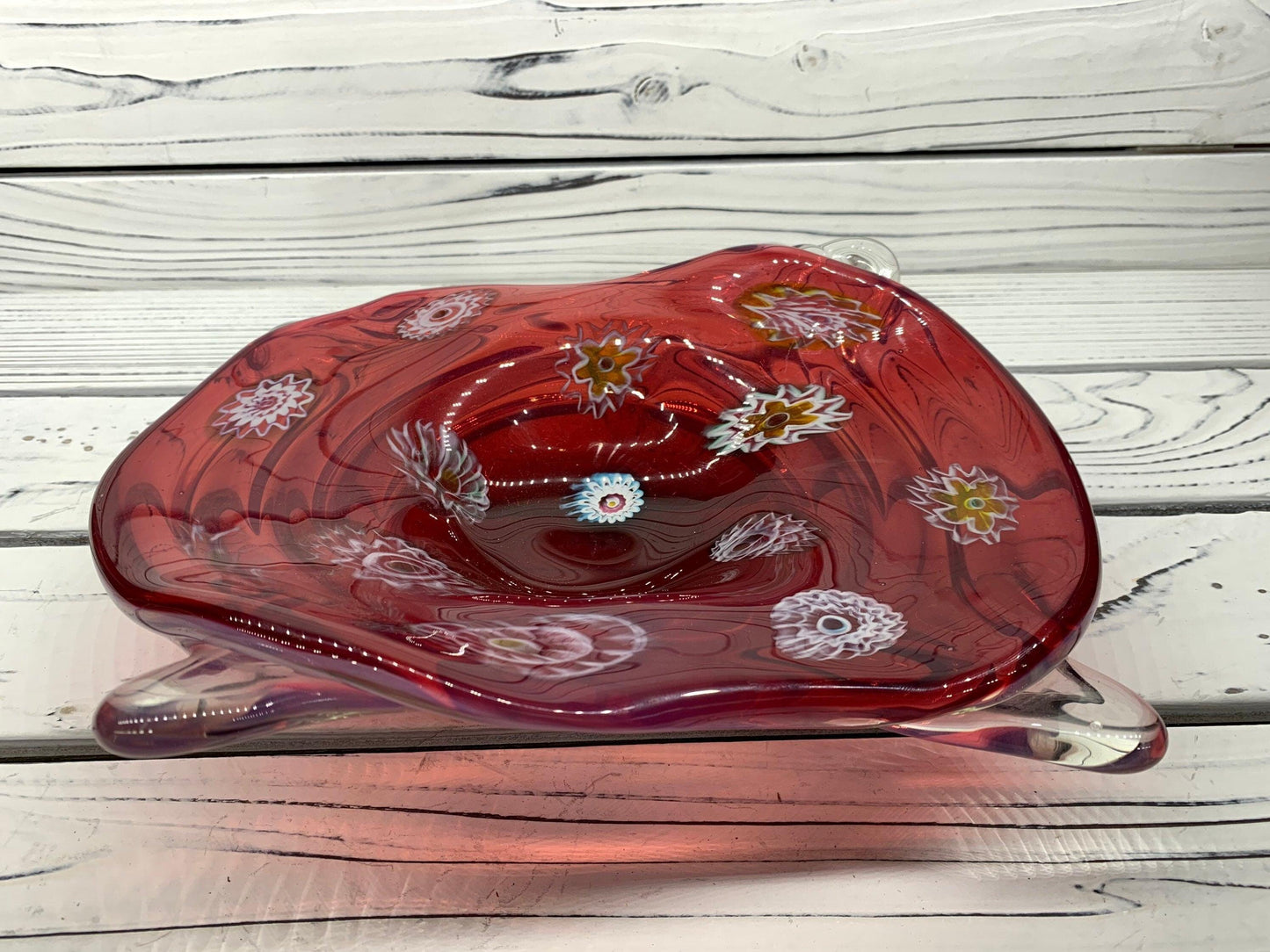 Blown Glass Art Rolled Bowl, Red Trinket Dish or Candy Dish, Murano Glass Dish -Located at Funkyhouse Vintage Antique Store, Weiser Idaho