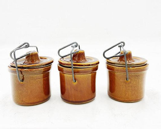 Brown Cheese Crocks, Set of 3 Canisters, Wire Closures, Farmhouse Country Pottery -Located at Funkyhouse Vintage Antique Store, Weiser Idaho