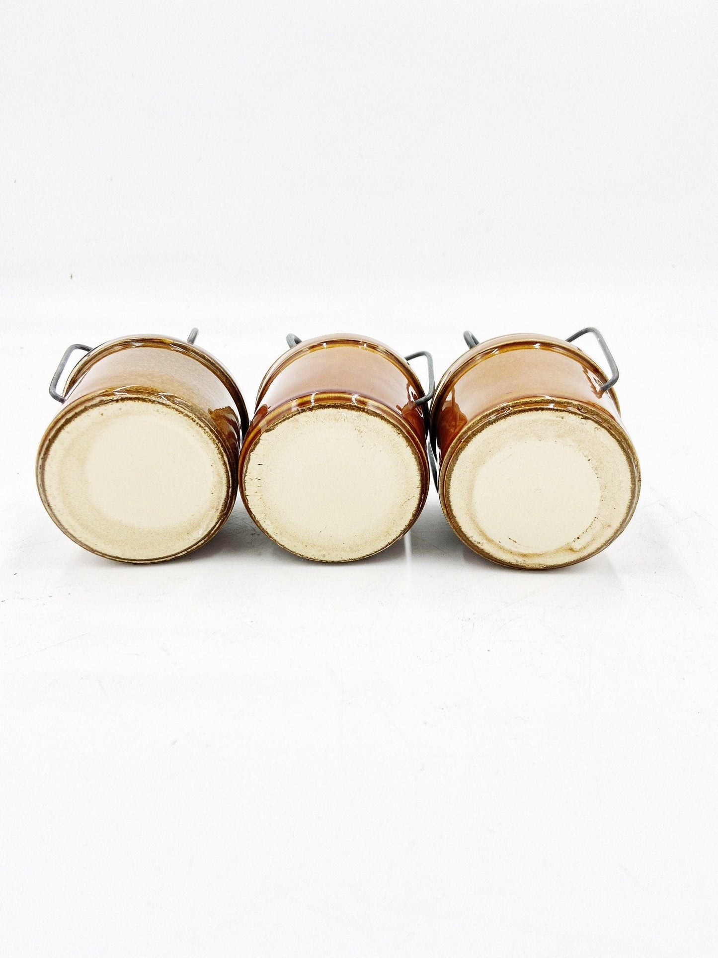 Brown Cheese Crocks, Set of 3 Canisters, Wire Closures, Farmhouse Country Pottery -Located at Funkyhouse Vintage Antique Store, Weiser Idaho
